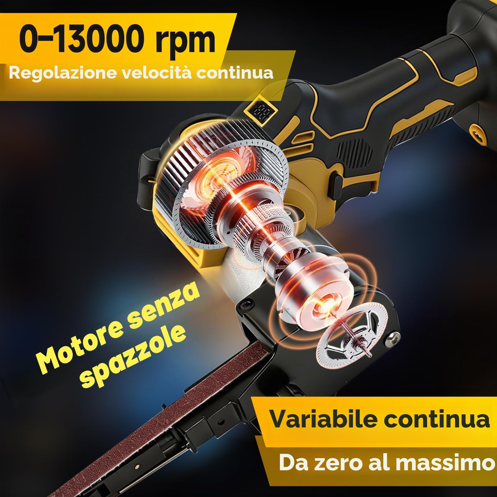 Levigatrice a nastro cordless compatibile con batteria Dewalt 20 V, levigatrice a cinghia senza spazzole regolabile a 360° da 0 a 13.000 giri/min con 20 nastri abrasivi per legno, metallo e plastica