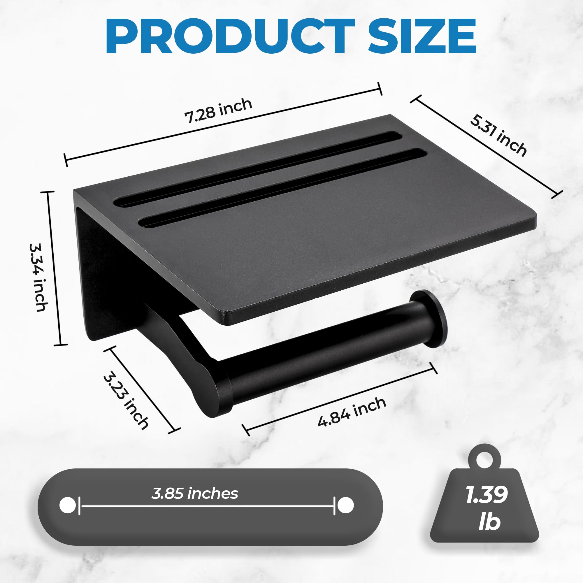 Toilet Paper Holder with Phone Shelf, Self Adhesive Aluminum Tissue Roll Dispenser for Mega Roll, Wall Mounted Toilet Paper Roll Holder for Bathroom,: Black