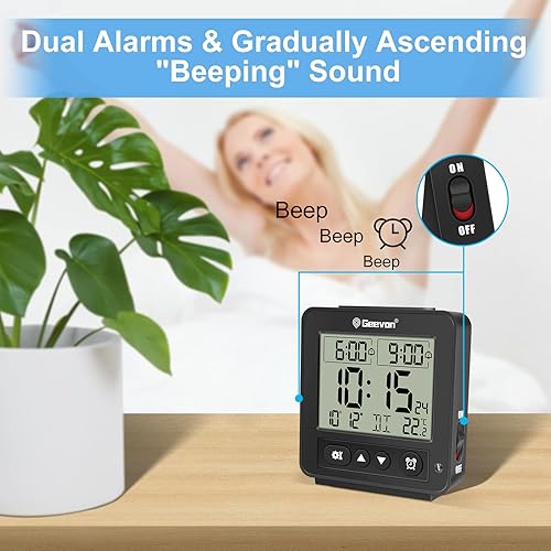 Miniatura 9 de Geevon Reloj despertador atómico digital con retroiluminación automática8s, 2 ajustes de alarma, detección de temperatura, aumento de sonidos de