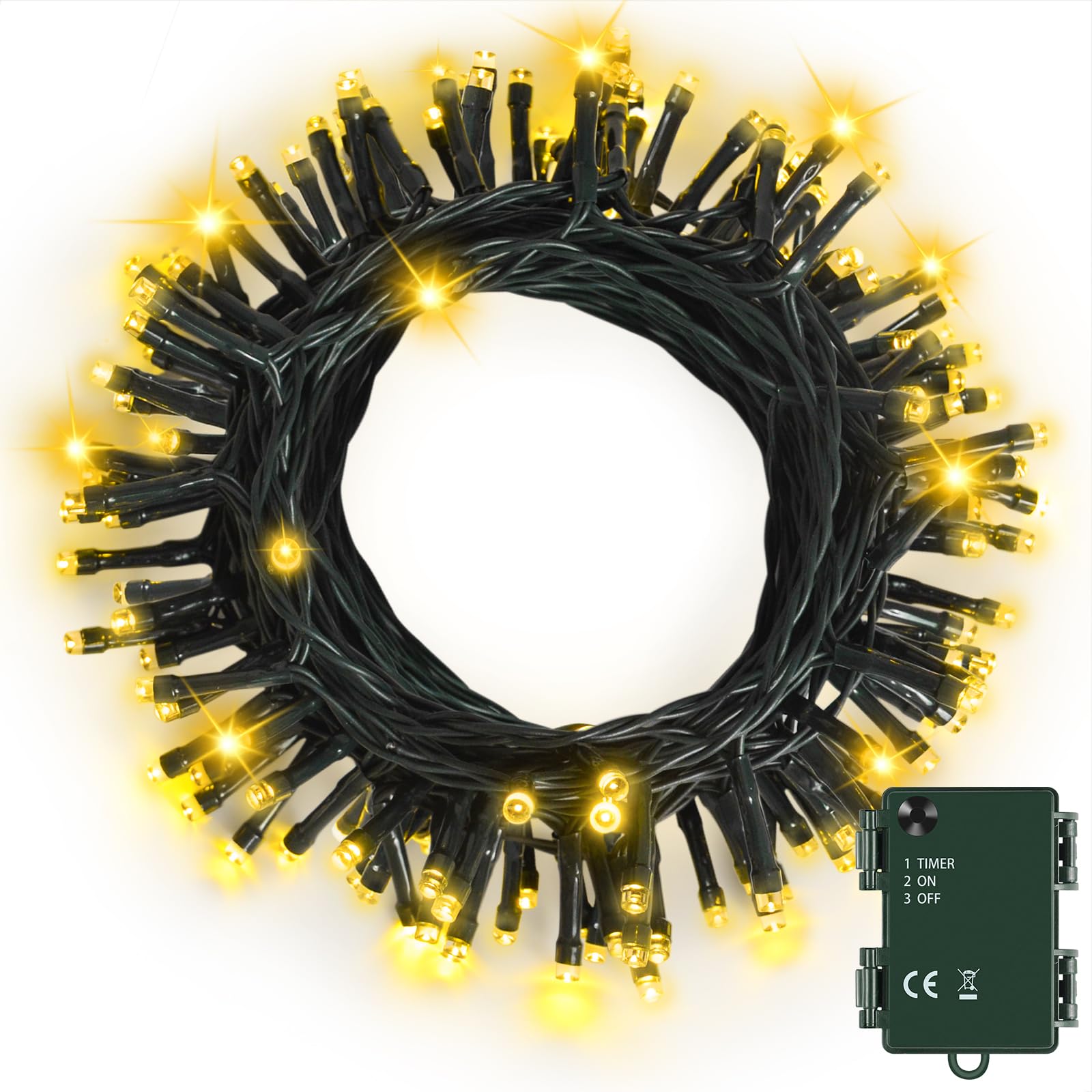 Bowfar Battery Christmas Lights, 10M 100 LED Warm White String Fairy Lights Battery Operated with 6h Timer, Waterproof Christmas Tree Lights for Indoor Outdoor Christmas Decorations(Dark Green Cable)