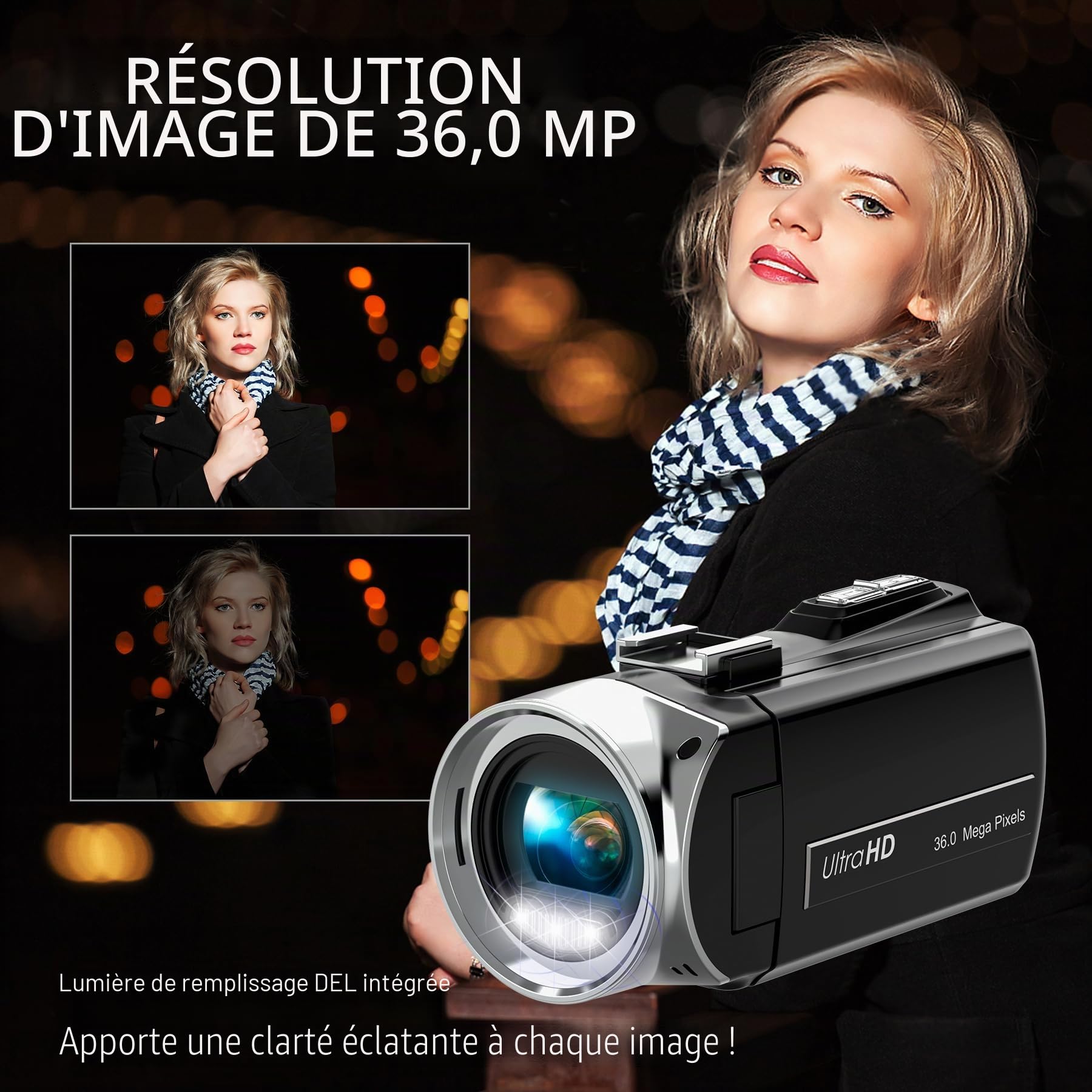 Caméscope vidéo 4K 36 MP Vlogging Caméra pour Appareil Photo numérique Youtube 30 FPS 3,0 '' 270 ° avec Zoom numérique 18 x trépied, Carte SD 32GB & Piles
