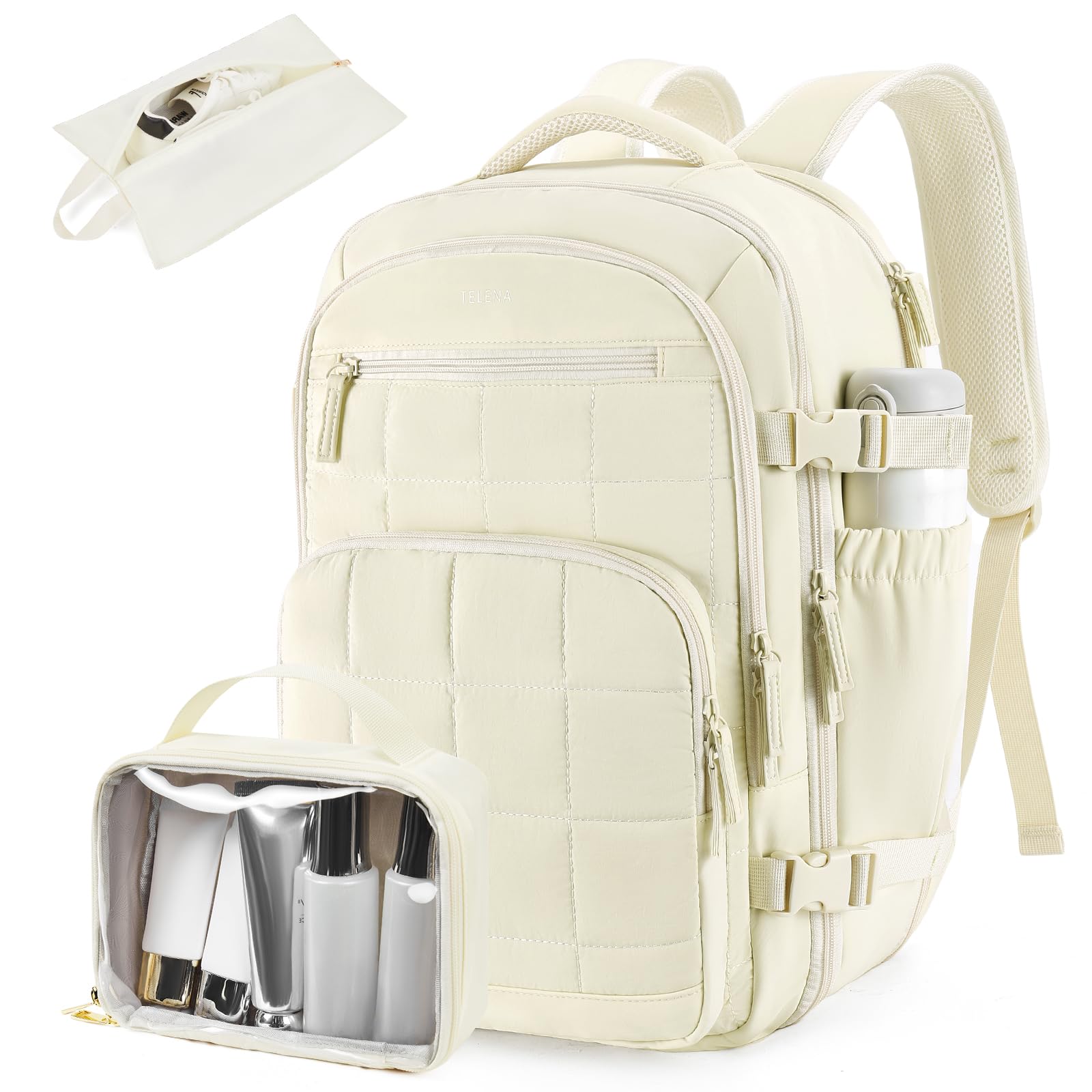 Telena Travel Backpack Carry on Flight Approved, 17.3 inch Laptop Quilted College Bookbag Personal Item Travel Bags for Women Beige