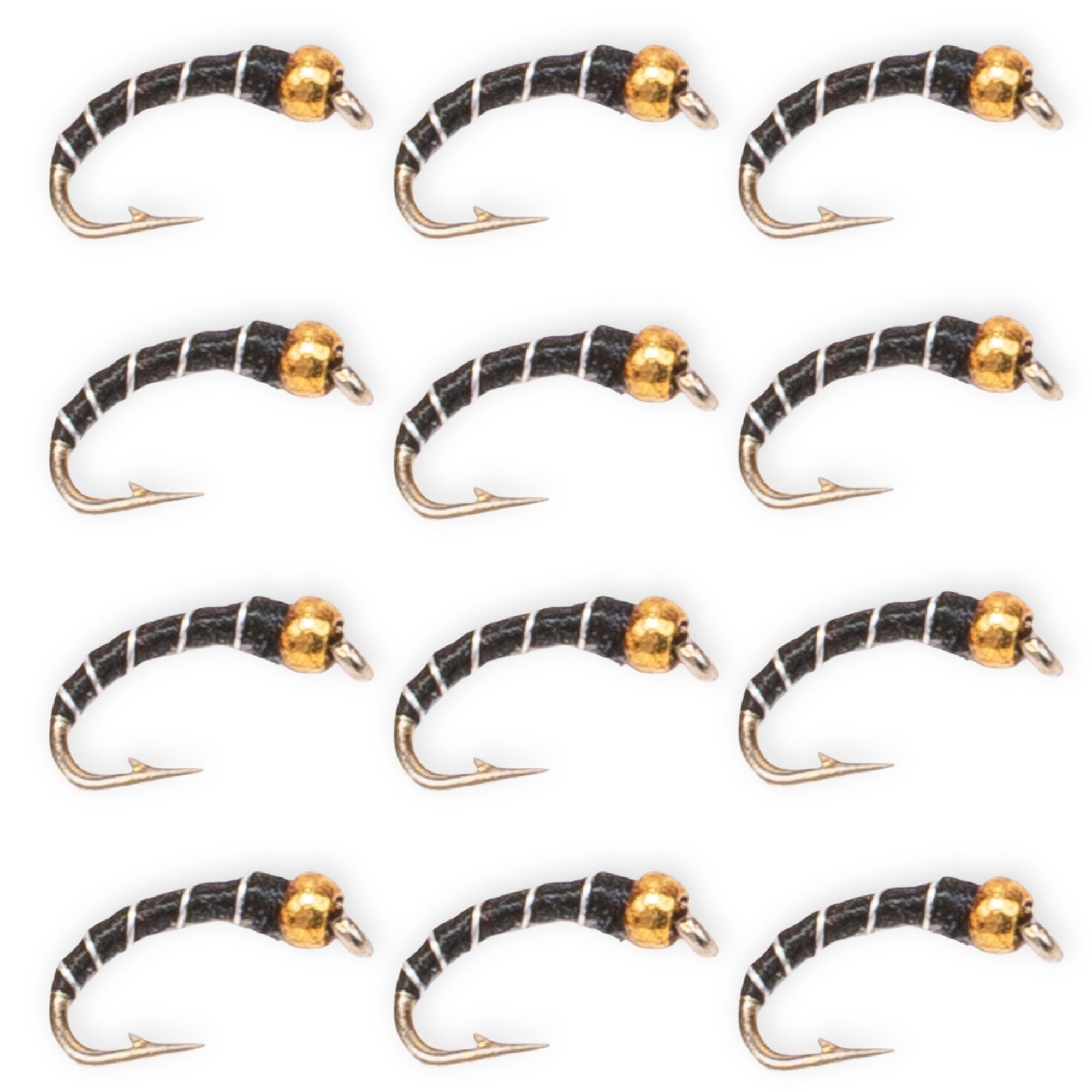 Floating Feather Supply Zebra Midges for Fly Fishing 12 Pack - Hook Size 18-22, Fishing Accessories, Trout Flies, Wet Flies, Silver Bead Black, Gold Red, Tungsten Euro Nymph (Black/Gold, 4X(18-22))