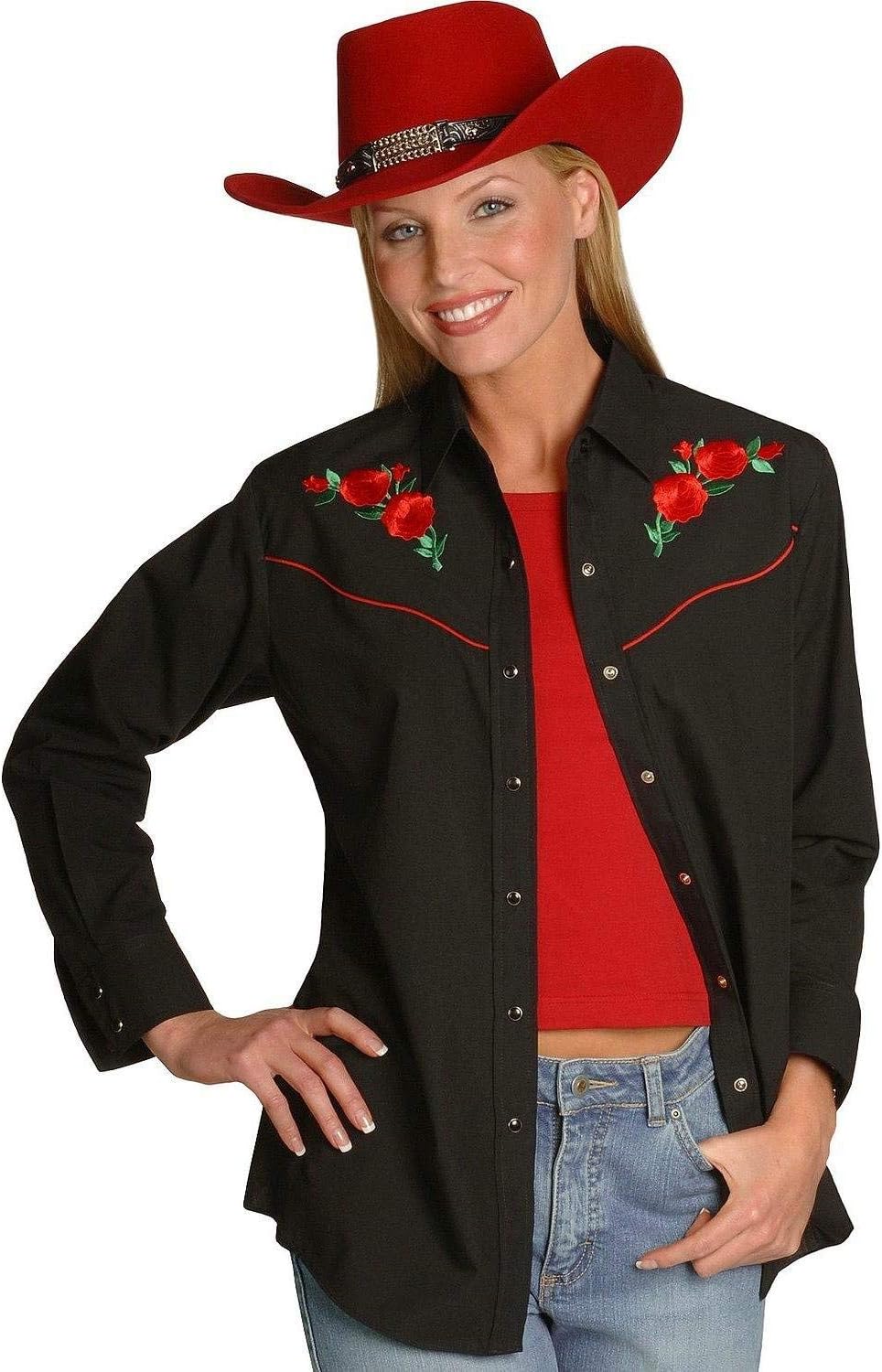Women's Long Sleeve Western Shirt with Red Rose Embroidery