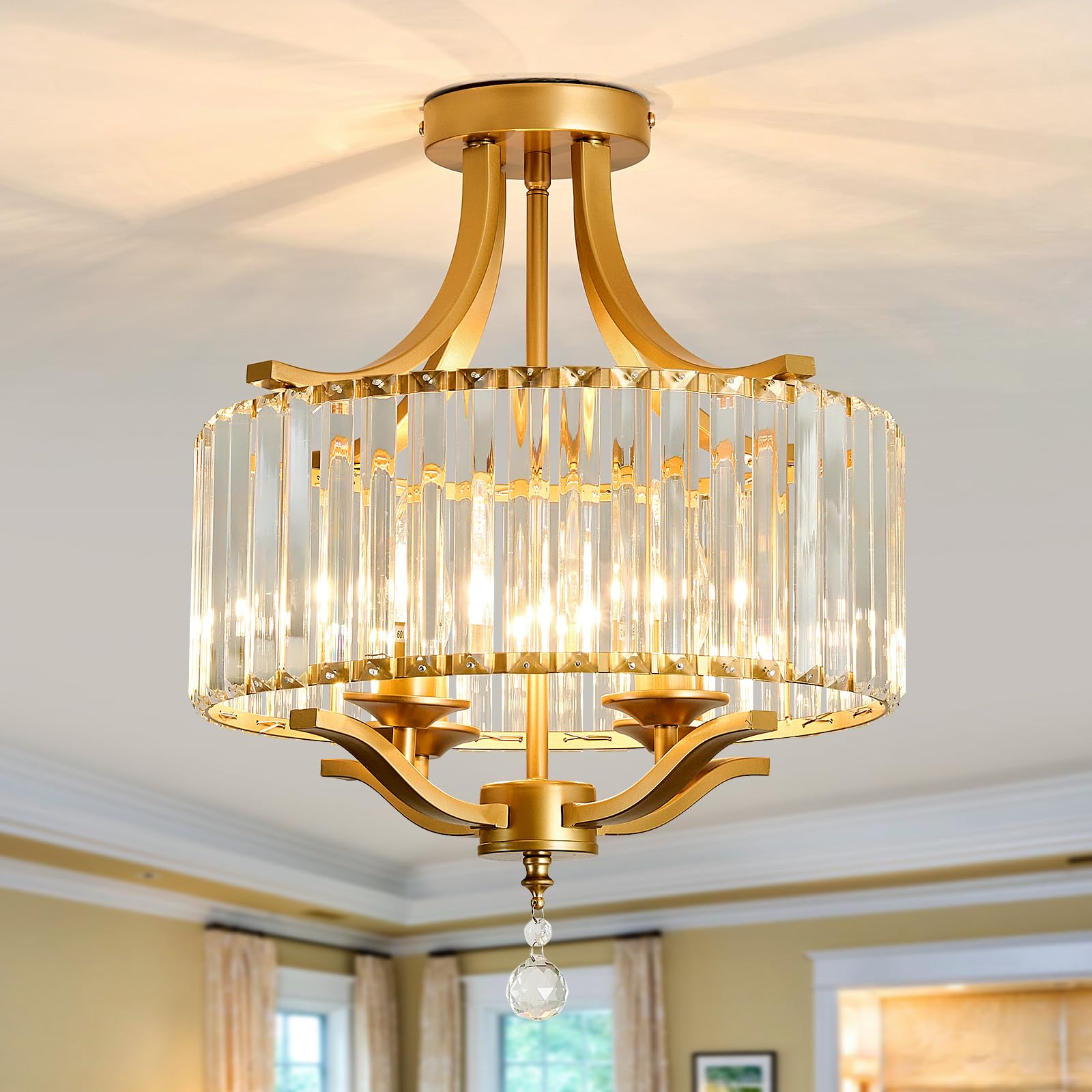 Piepooye Modern Crystal Chandelier 4 Lights Gold Semi Flush Mount Ceiling Light Fixture E12 Metal Farmhouse Chandelier for Dining Room Living Room