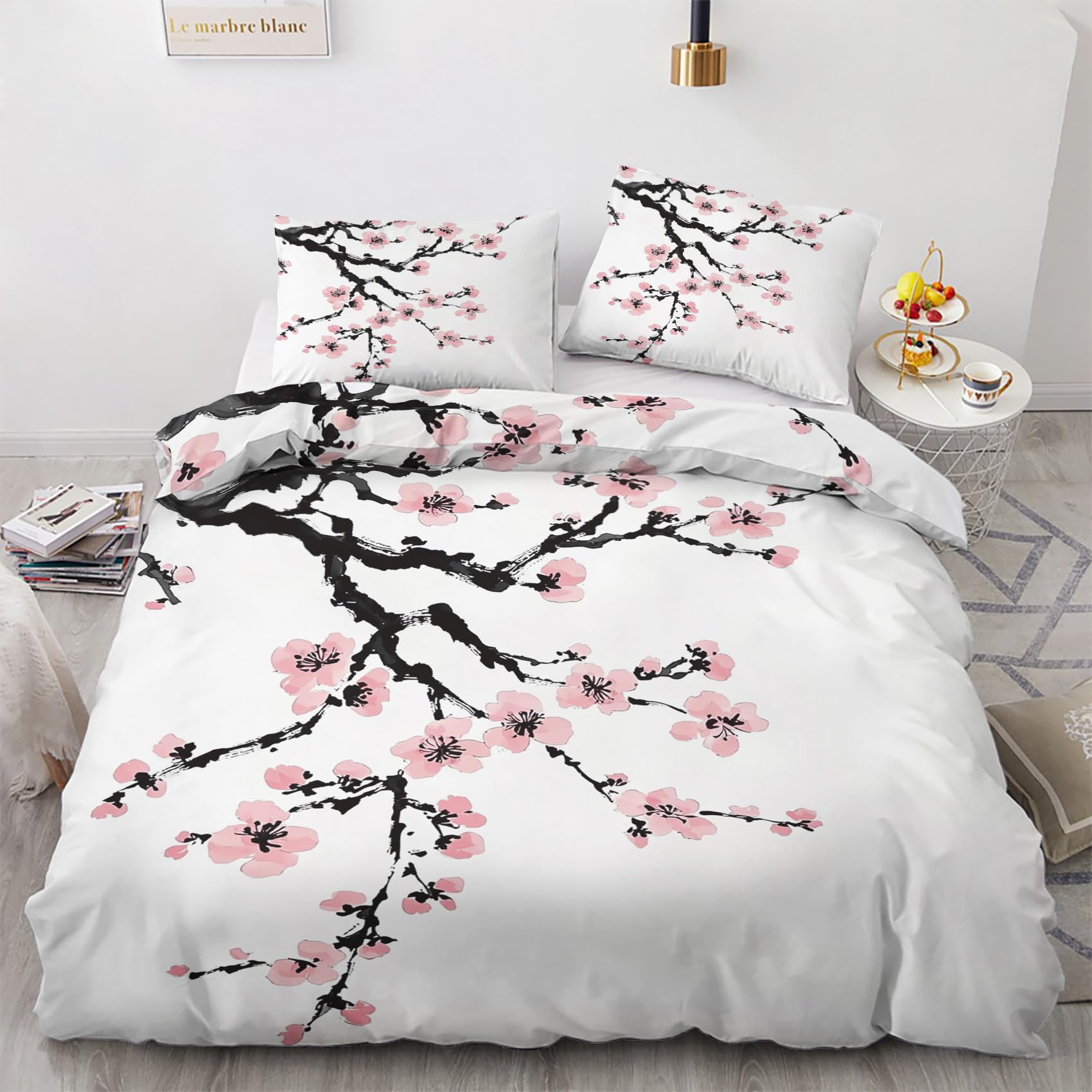 Nogawa Multicolor Japanese Cherry Blossom King Size Duvet Cover Sets - Chinoiserie Pink Floral Bedding King - Reversible Quilt Cover & 2 Pillowcases With Zip And Ties, Non Iron Brushed Microfibre Bed Set