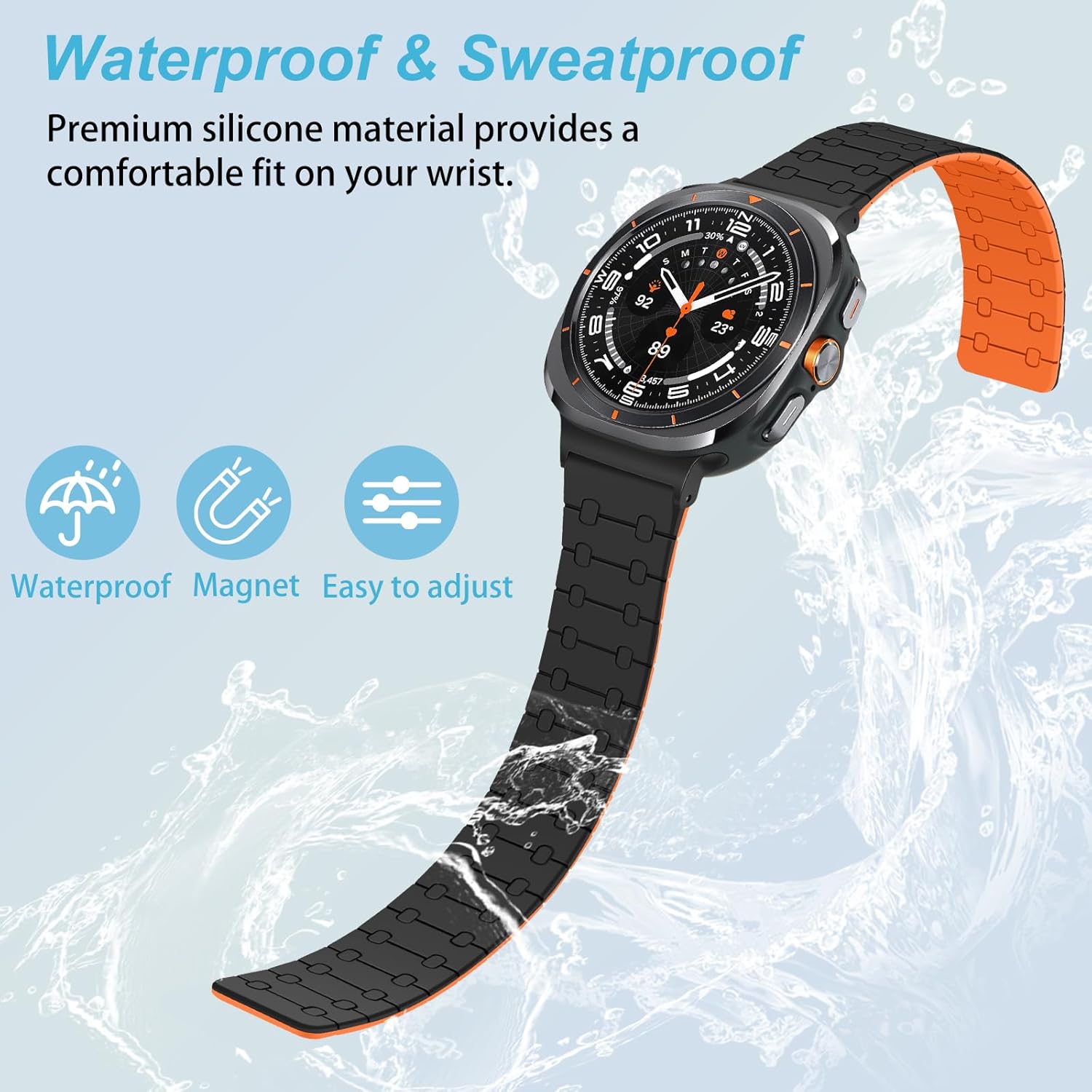 Amizee No Gap Band Compatible with Samsung Galaxy Watch Ultra (2025/2024) Band 47mm, 22mm Magnetic Sport Silicone Strap for Women Men, Black/Orange - Image 3