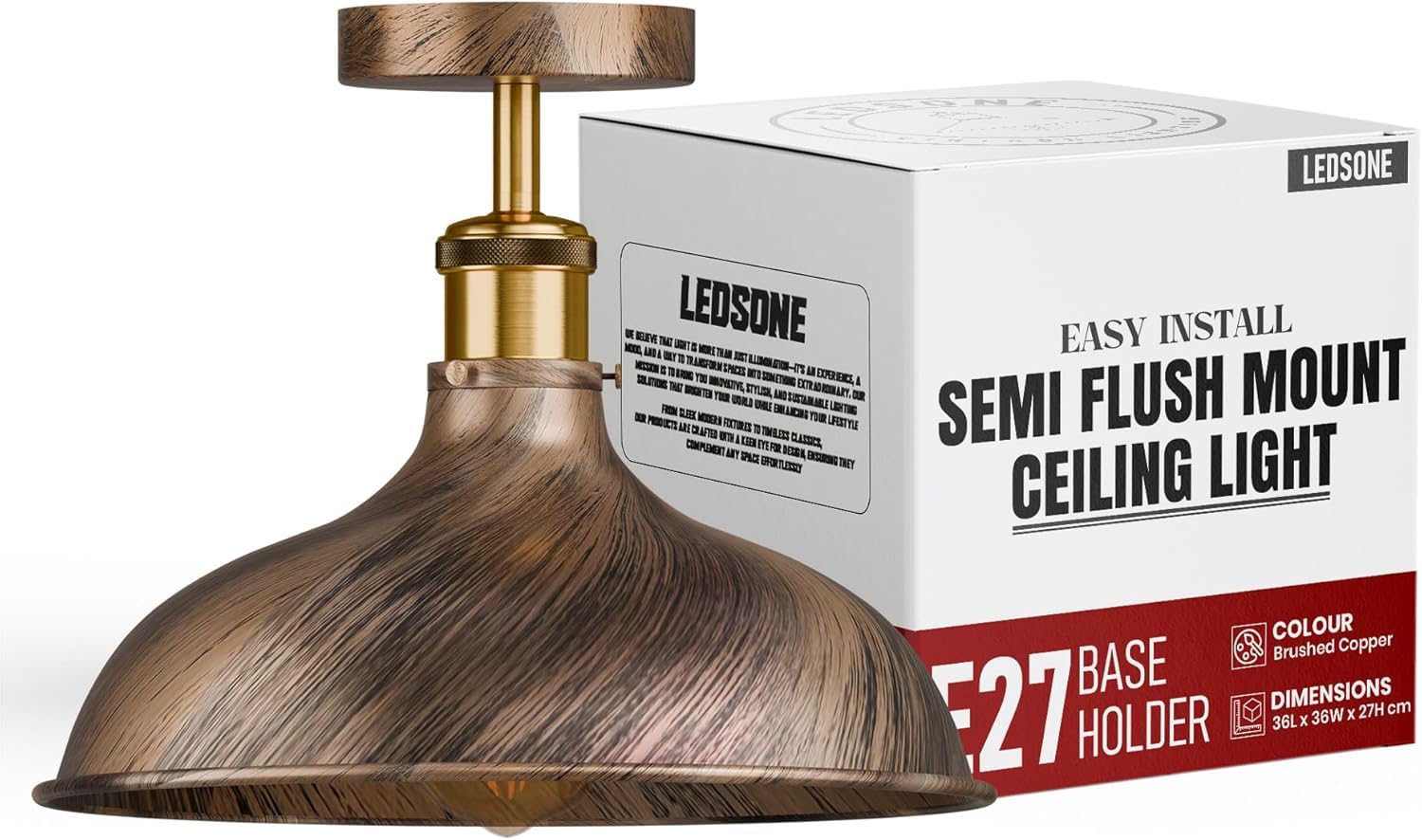 Ledsone Brushed Copper With Bulb Industrial Ceiling Light Semi Flush Mount Fixture Metal Dome Shade Copper Ceiling Pendant Light Fitting For Restaurants Offices Livingroom Kitchen
