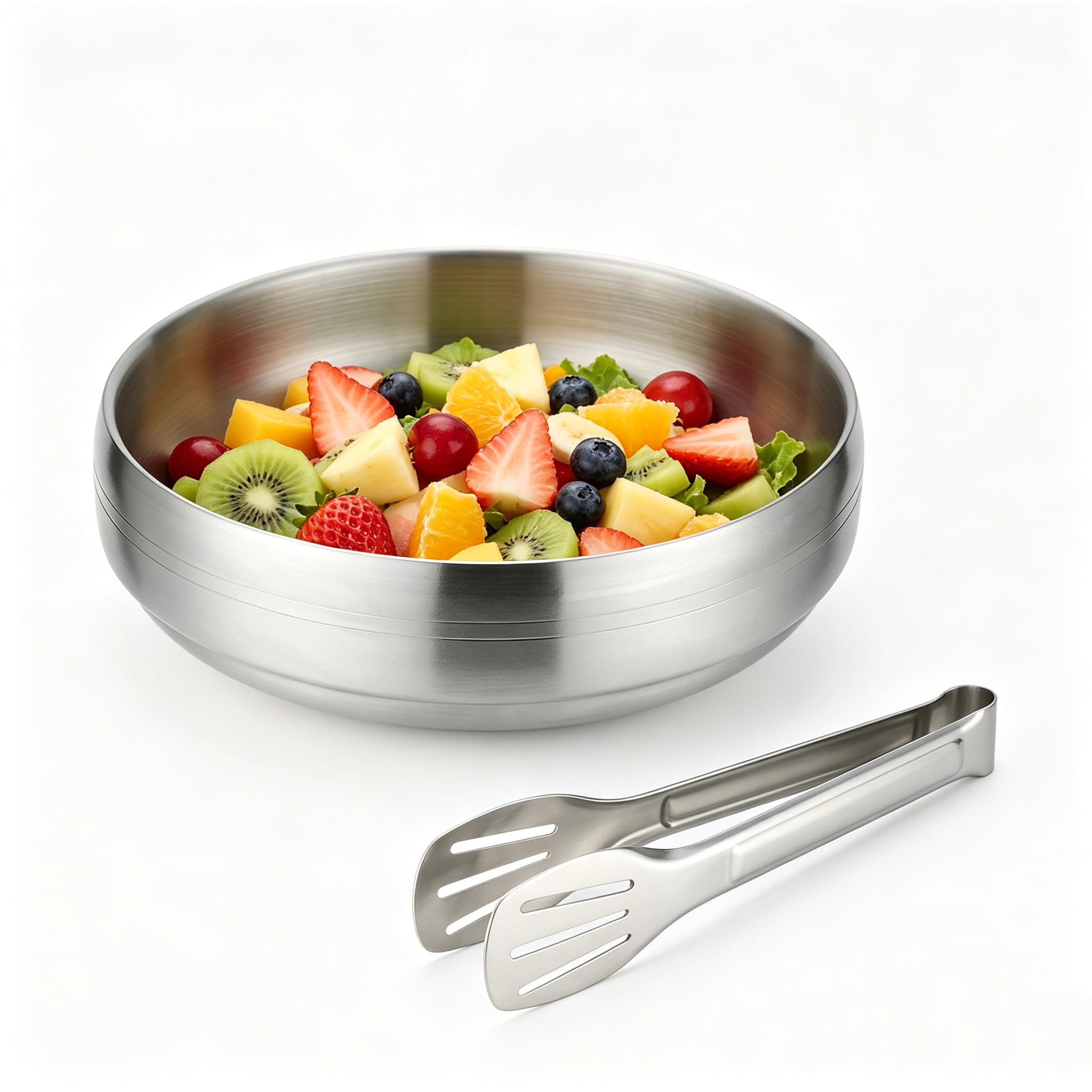 SANQIAHOME 1.7L Stainless Steel Salad Bowl & Tongs, Double-Walled, Silver