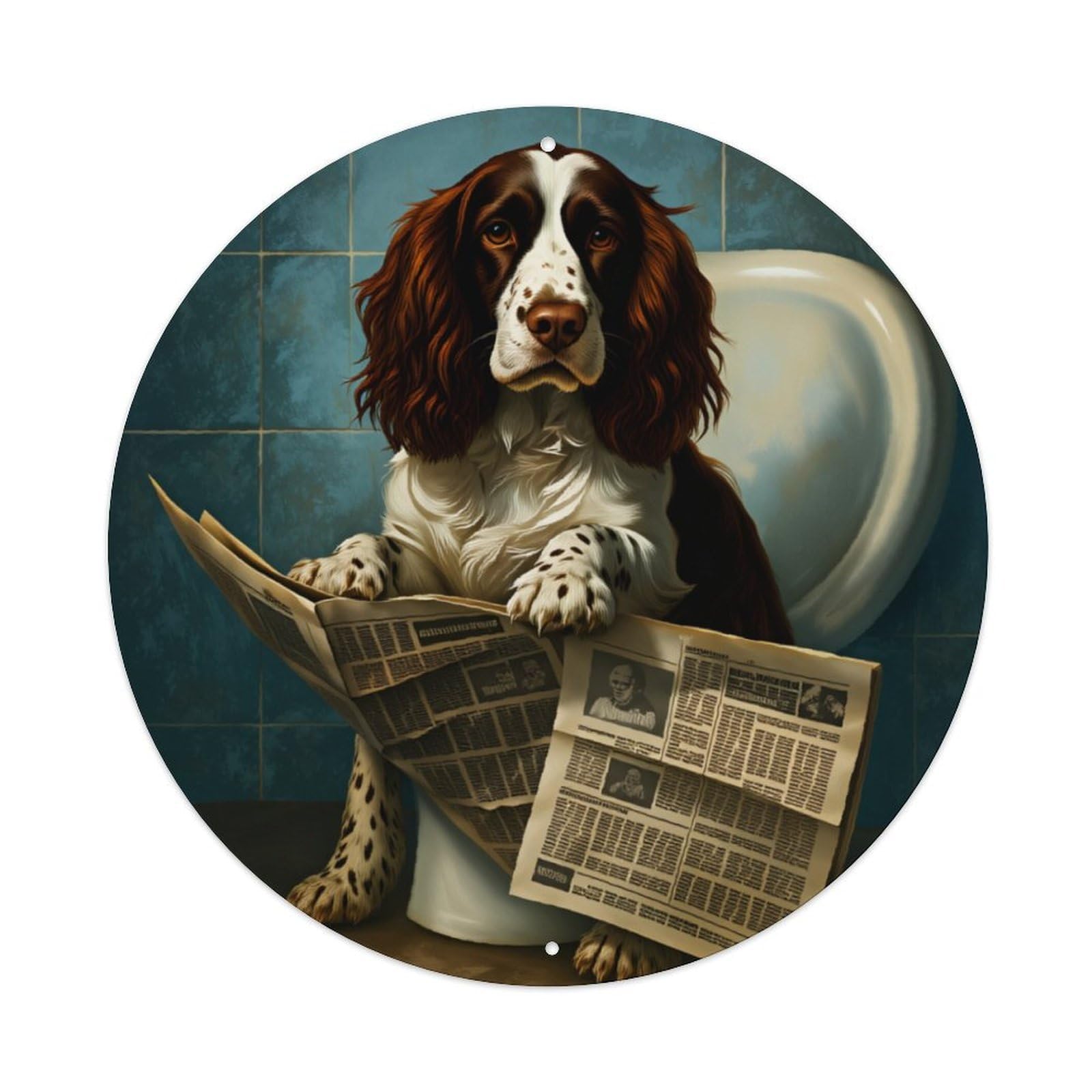 Ldfuieksufg Style Springer Spaniel On Toilet Reading Newspaper Sign Vintage Aluminium Metal Sign, Retro Wall Decor For Home, Bar, Garage & Farmhouse 20X20cm