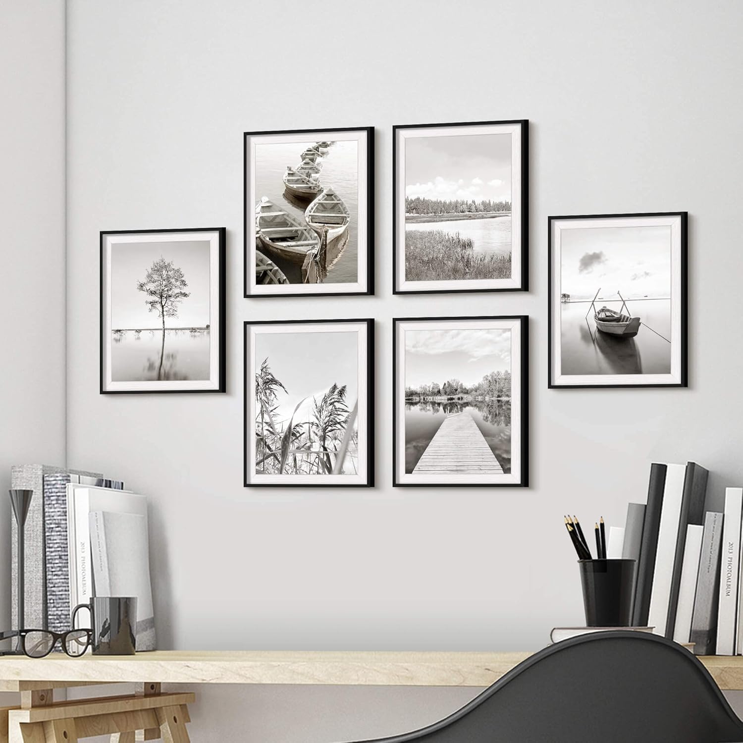 Framed Lake Picture Wall Art: Dock Nature Scenery Calming Pier Boat Landscape Print Artwork 6 Piece Vertical Bathroom Bedroom Living Room Painting Decor (Glass Panel Protection)