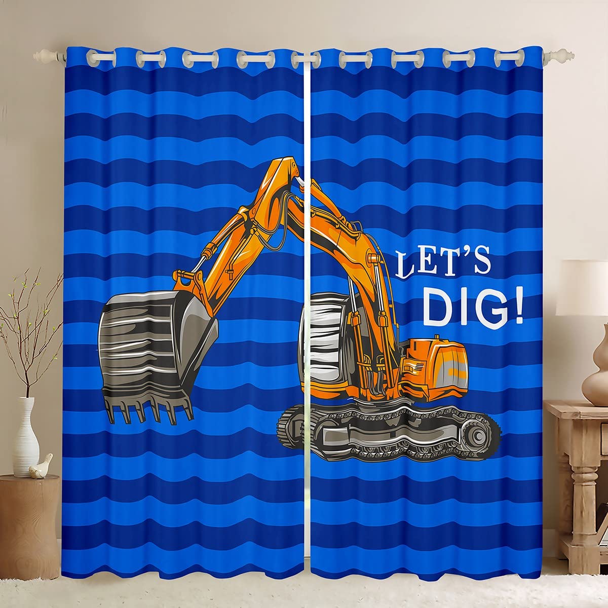 Excavadora para niños, Cortinas de construcción, Camiones, Cortinas de Ventana, Rayas Azul Oscuro, Naranja, Coches, Cortinas de Ventana para Dormitorio, Sala de Estar, maquinaria Pesada, tratamientos