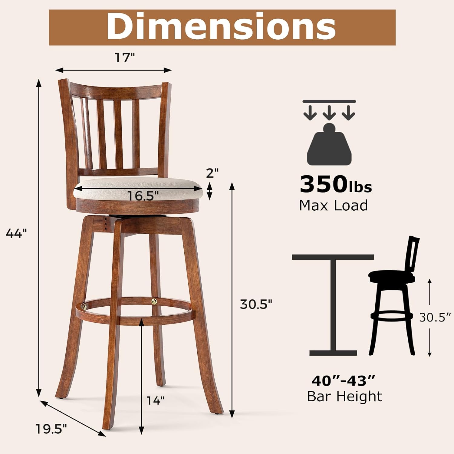 Diagram showing the dimensions of the Giantex swivel bar stool, including height, width, depth, seat height, and footrest height.