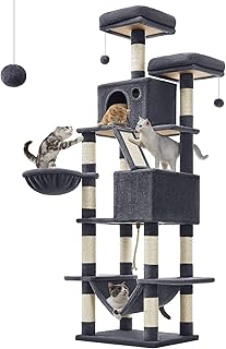FEANDREA Cat Tree, Large Cat Tower with 13 Scratching Posts, 2 Perches, 2 Caves, Basket, Hammock, Pompoms, Multi-Level Plu...
