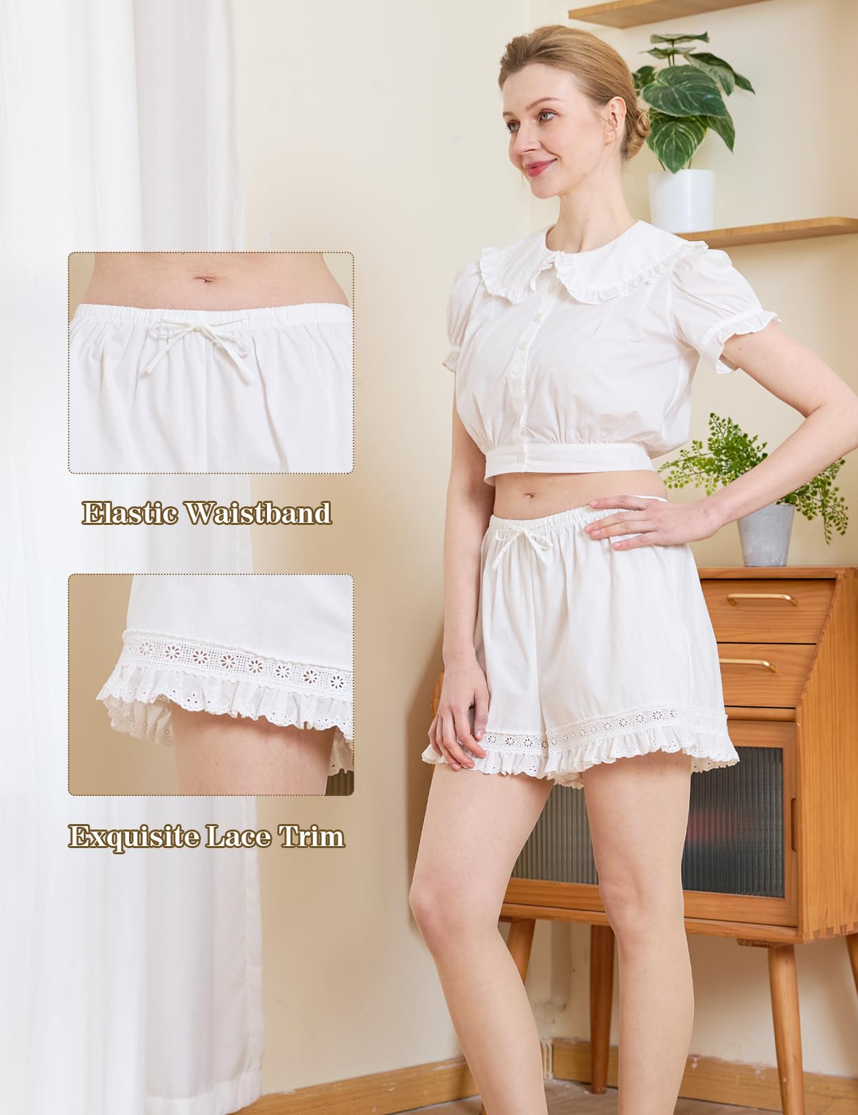 BEAUTELICATE Culottes Victorianos para Mujer 100% Algodón Pantalones Cortos de Dormir con Encaje Cintura Elástica con Cordón Ajustable para Verano