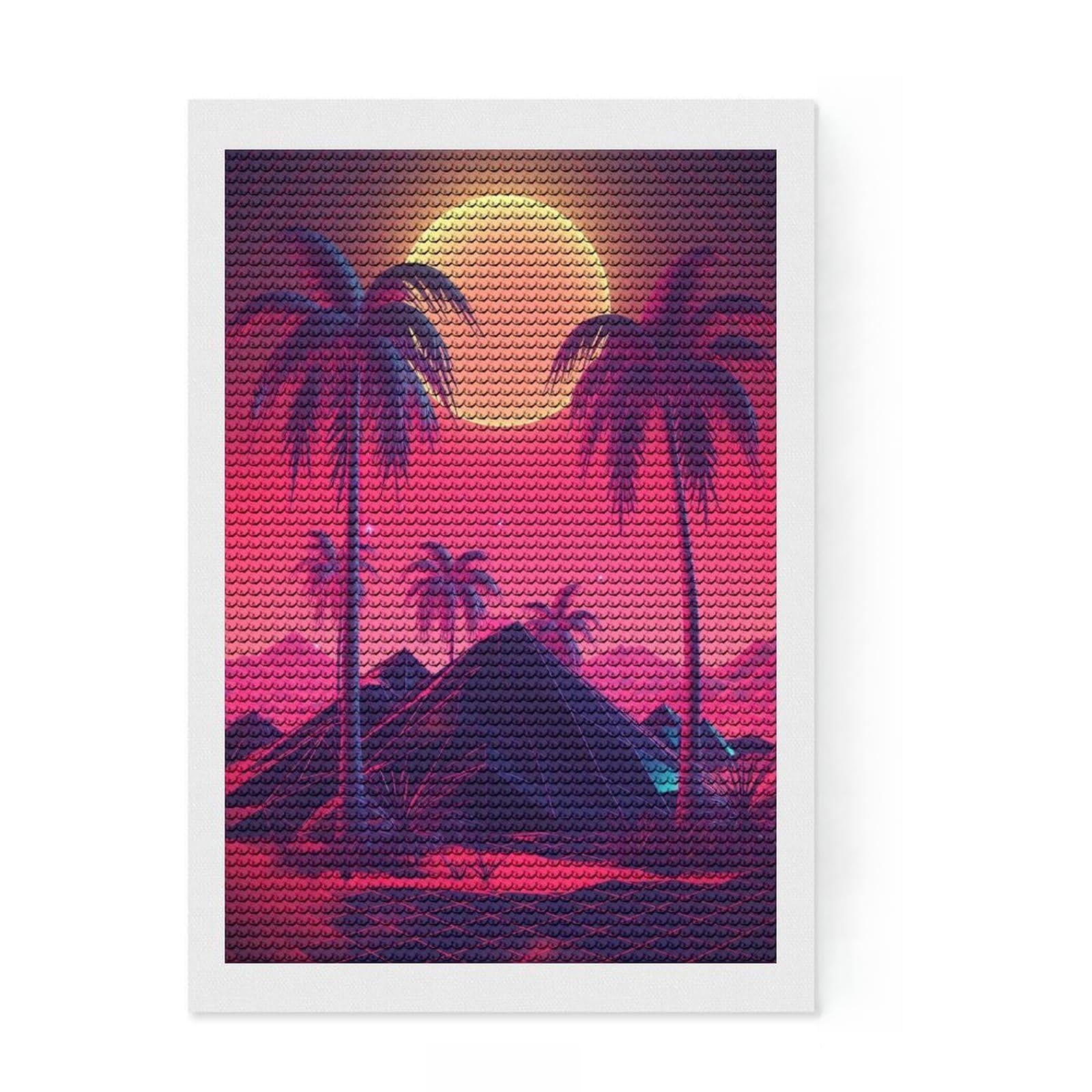 Junmoney Synthwave Sunset Melodies Diamond Art Kit 8"x12", for Craft Lovers, Satisfying Creative Project, Birthday Gift, Home Wall Decor