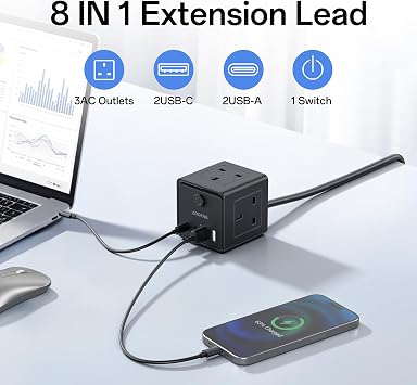 Extension Lead with 4 USB Slots and Switch, 3 Way Multi Plug Extension Cable with 2 USB C, UK Desktop Power Extension Cord with Multi Socket, 1.5M Extension Cable for Home Office