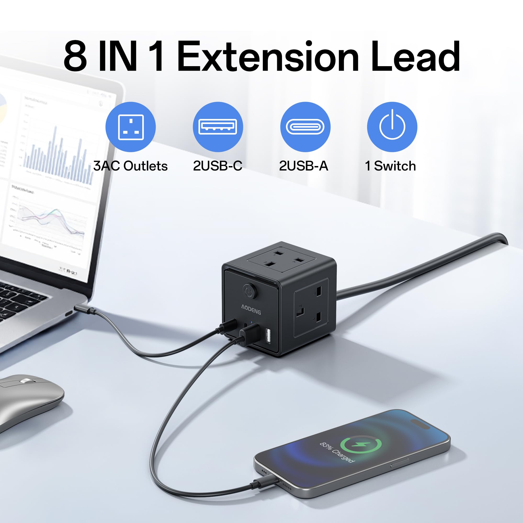 Extension Lead with 4 USB Slots and Switch, 3 Way Multi Plug Extension Cable with 2 USB C, UK Desktop Power Extension Cord with Multi Socket, 1.5M Extension Cable for Home Office — view 2