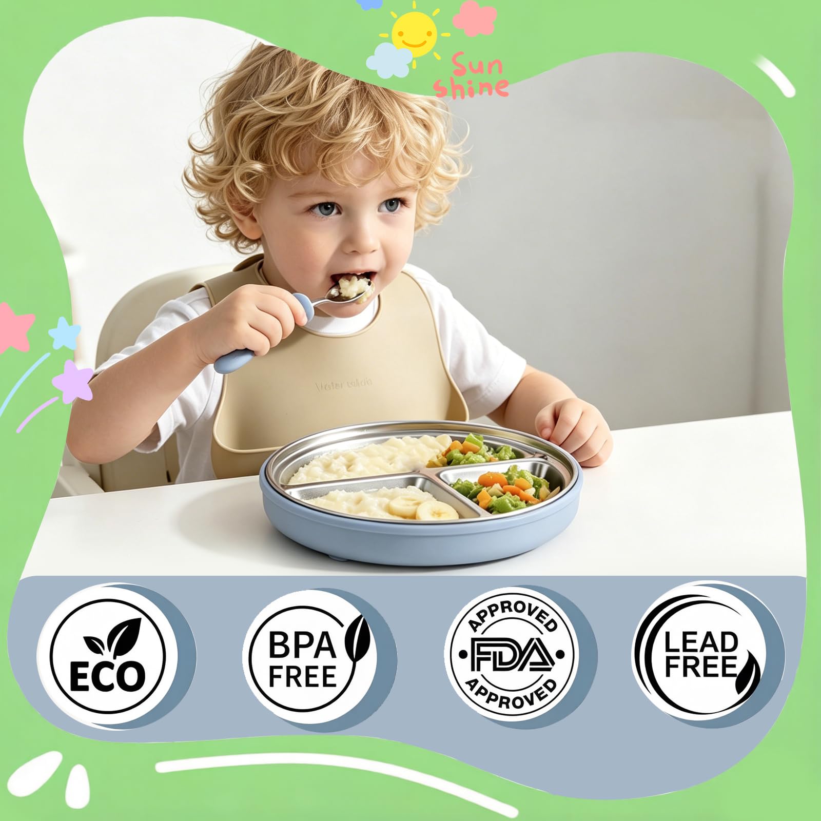 Lot de 2 Coffrets Repas Bébé, 2 Assiettes Acier Inoxydable avec Ventouse Silicone, 2 Fourchettes + 2 Cuillères – Vaisselle Antidérapante Enfant, Sans BPA, Favorise l’Autonomie Alimentaire