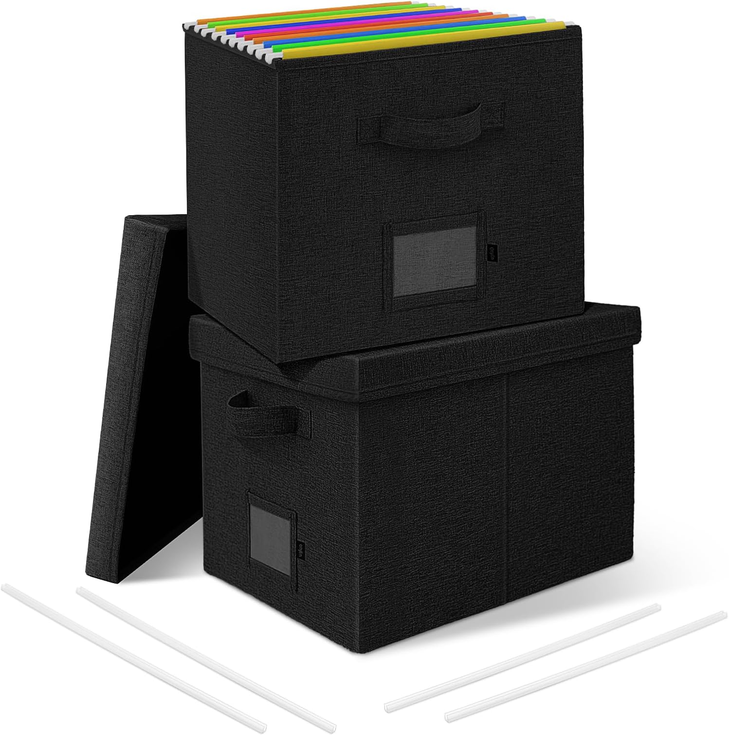 File Organizer Box with Lid, Document Storage Organizer with Handle, Collapsible Hanging Document Filling Box for Letter/Legal File Folder - 15 x 12.6 x 11 inch (Black, 2 Pack)