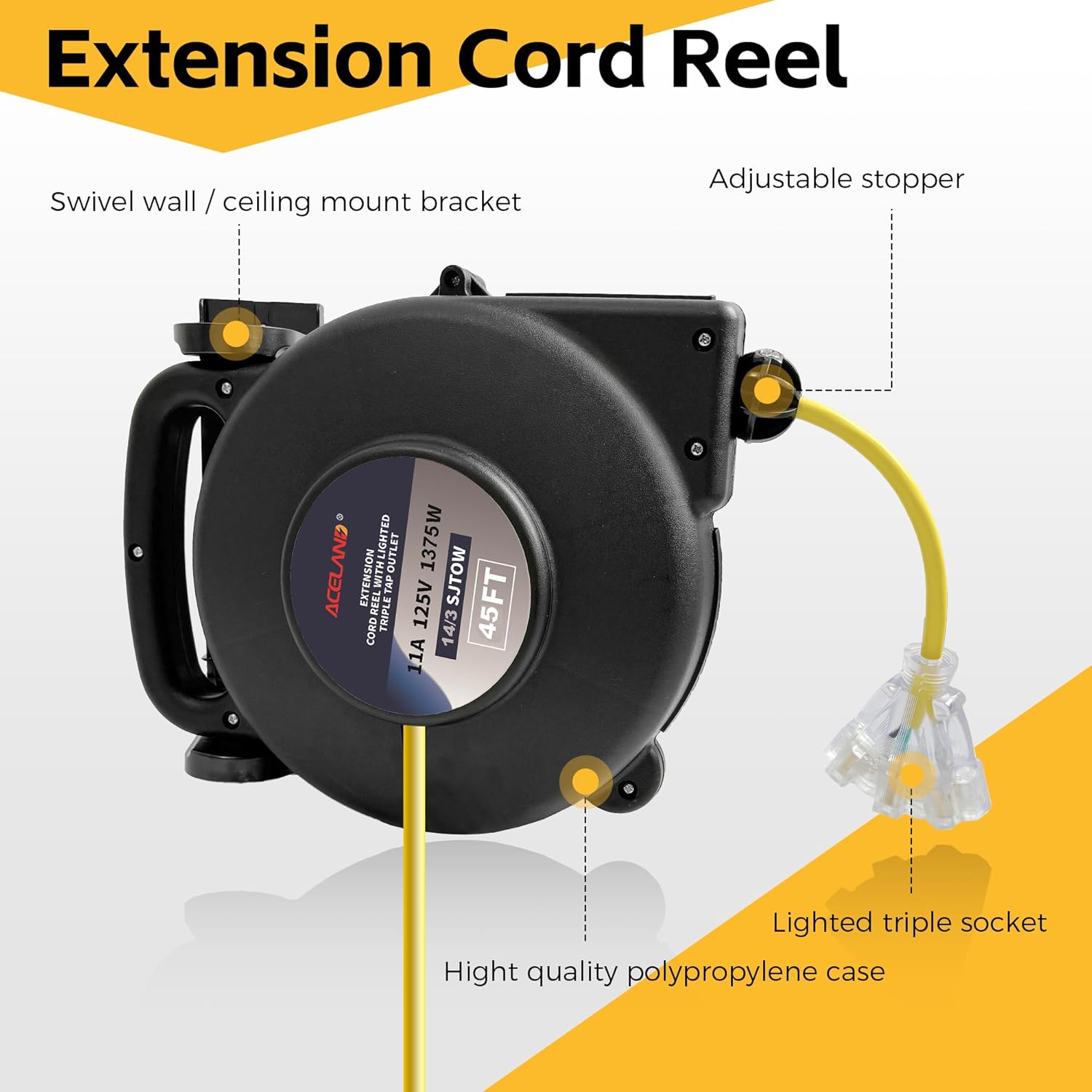 14 Gauge 45 FT SJTOW Retractable Extension Cord, Heavy Duty Power Cord, 11 Amp 125V 1375W with 3000 Lumen 25ft 116AWG 3C SJTW Cord Handheld Outdoor Work Light for Garage, Workshop, Car Repair Scene