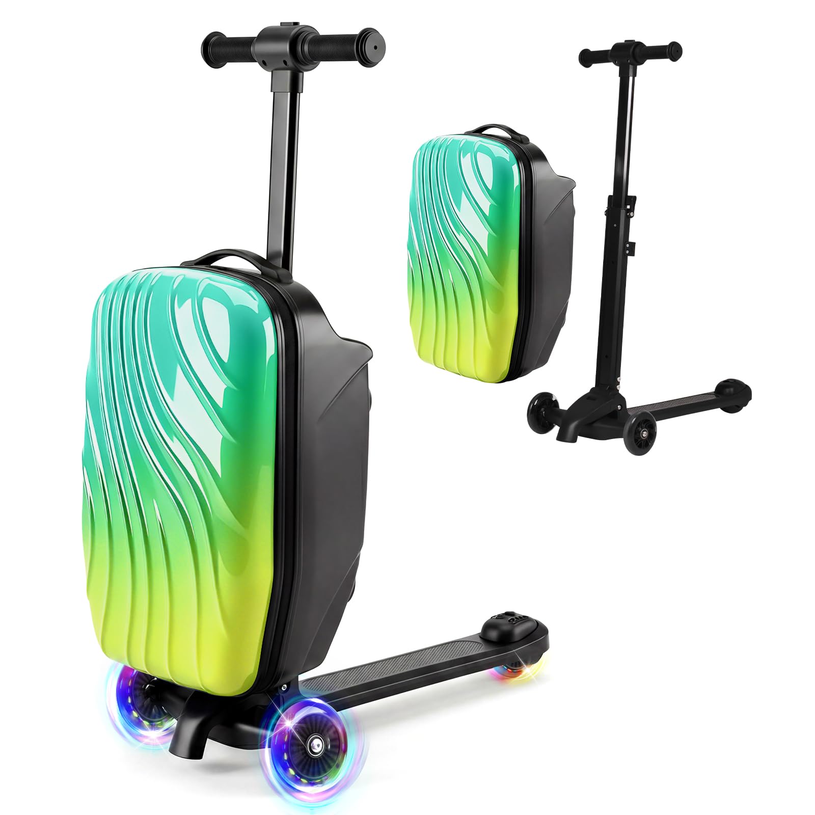 Oakvera Scooter Luggage for Kids, Teens & Adults, 4-in-1 Detachable Ride-On Suitcase for Family Travel, Carry-On Hardshell Case, Gradient Ombre Green