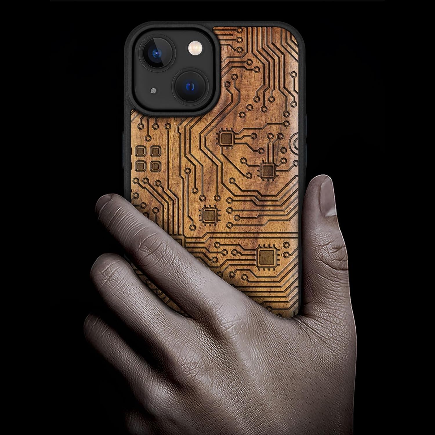 Carveit Magnetic Wooden Case for iPhone 15 Case, Compatible with MagSafe Wireless Chargers, Black Soft TPU Shockproof Cover & Wood Artisan Engraved (Motherboard) - Walnut