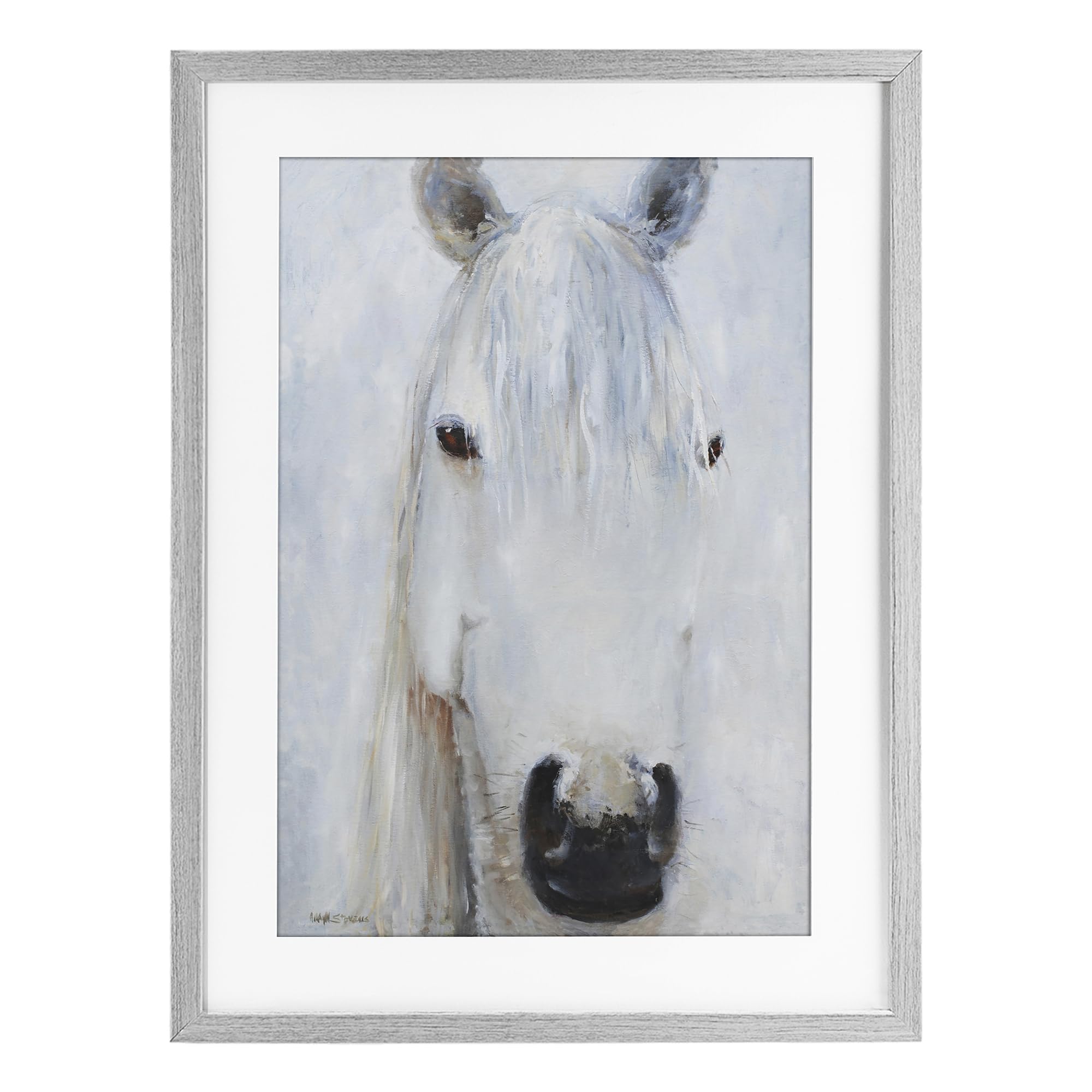 Stupell Industries Farmhouse Gray (Textured) Majestic White Horse Portrait, 14 X 20 Inch Framed Print Under Glass