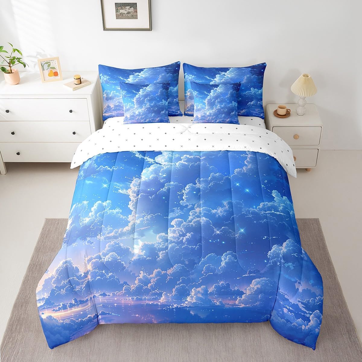 Feelyou Blue Sky Queen Comforter Set with Sheets Natural Scenery 7 Pieces Bedding Set for Boys Girls Teens White Cloud Bed in a Bag with Comforter, Sheets, Pillowcases & Cushion Cover Bed Set Natural