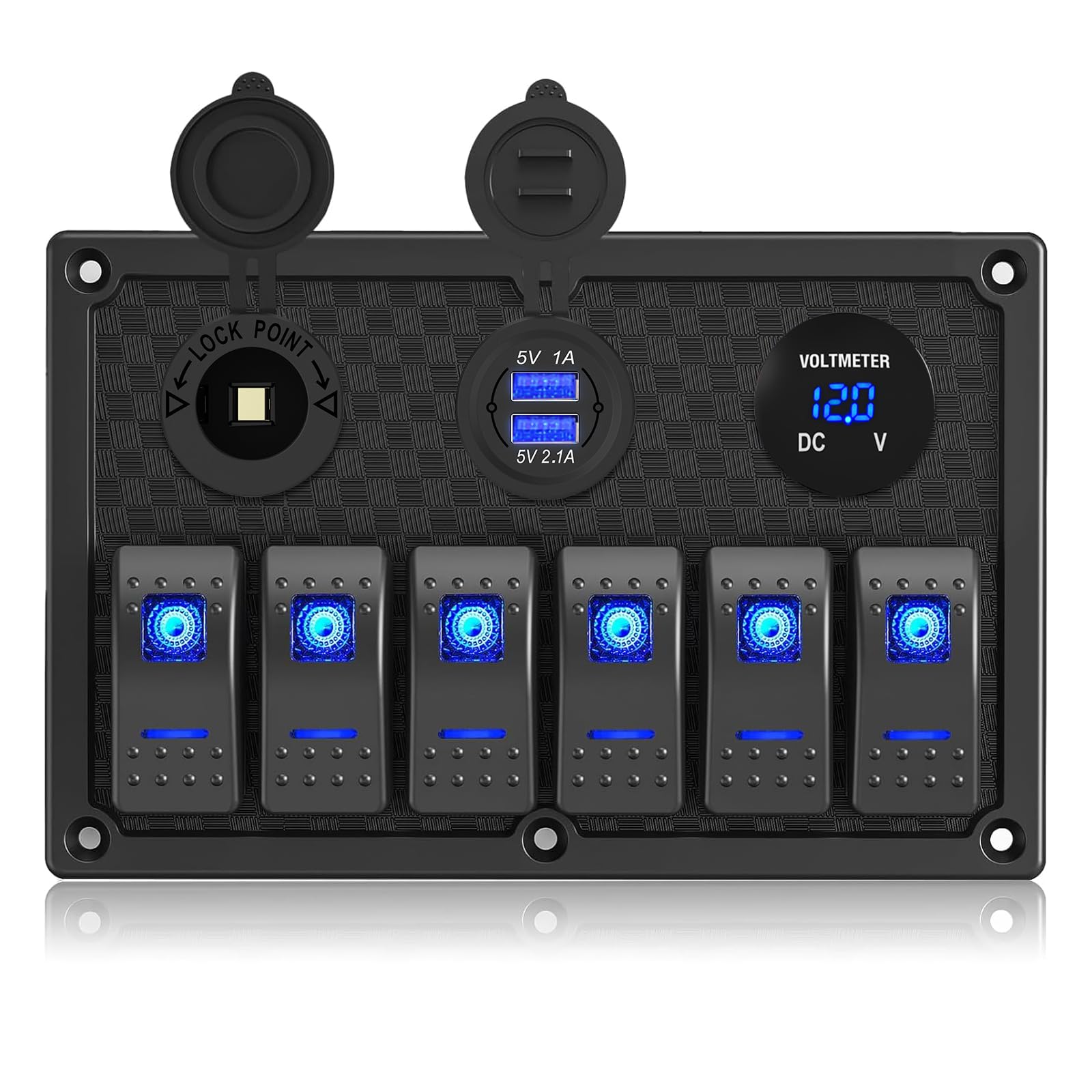 Marine Boat Switch Panel Waterproof,6 Gang Rocker Switch Panel 12V/24V with 3.1A Dual USB Charger 15A Fuse On-Off Blue LED Light Toggle Switch Also Suitable for Automotive Car RV UTV Truck