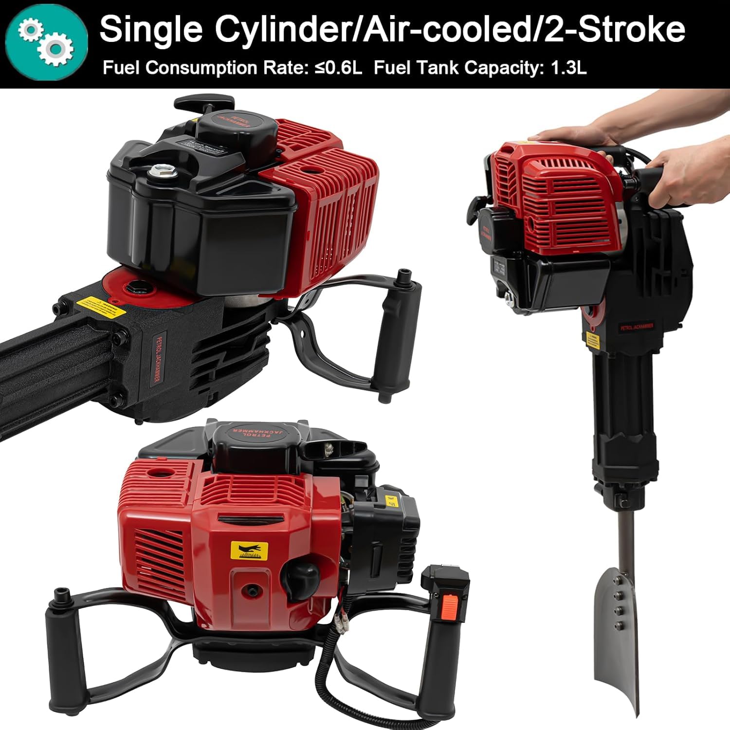 Benzin Gartenbaumgräber 52cc 2 Stroke - Benzin Erdlochbohrer 1500 mal/min Baumpflanzschaufel 1,3L Tank Pfostenlochgräber 1900W Grabmaschine Handbagger Post Hole Digger Hand-Grabenfräse Handhel