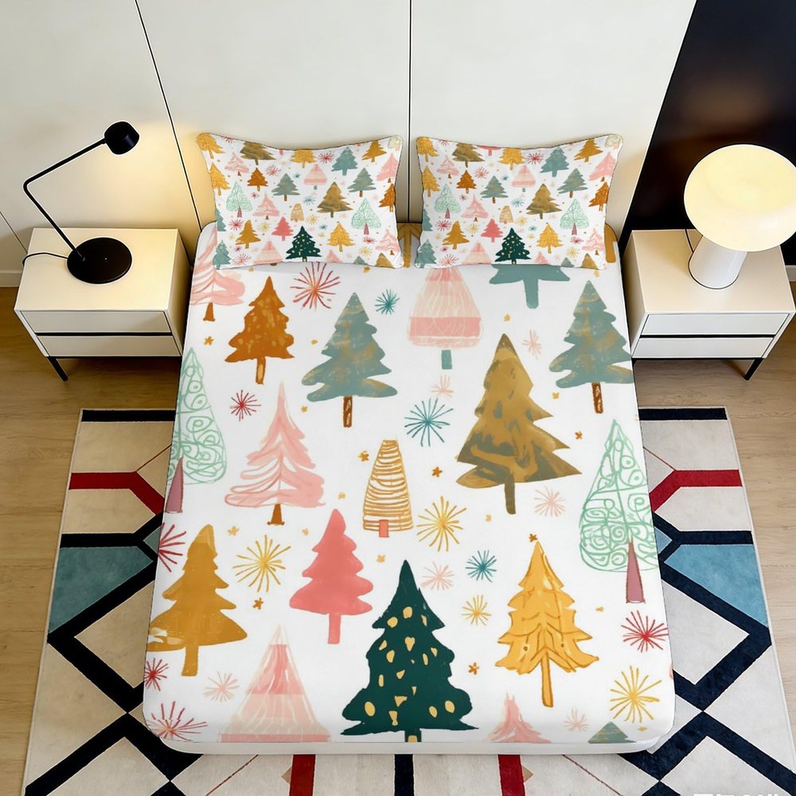 Uxinyoume Style-7 3D Printed Christmas Tree Fitted Sheet Microfiber Soft Colorful Forest Bed Sheet For Bedroom Guest Room Decor 90X200x25cm