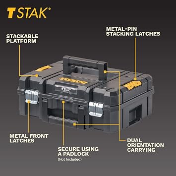 DEWALT Tool Box TSTAK II, 13 In. Flat Top Tool Storage Case, Stackable Organizer Hard Case Portable Toolbox, Heavy Duty, Holds Up To 66 lbs (DWST17807)