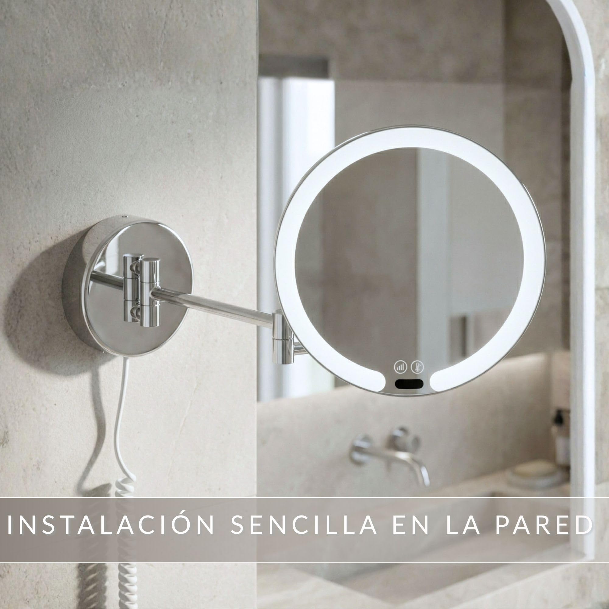 Vittoria Espejo de Aumento de Pared con LED – Espejo de Maquillaje Redondo 7X con Sensor y Atenuador – Brazo Extensible en Metal Cromado, Cable Blanco