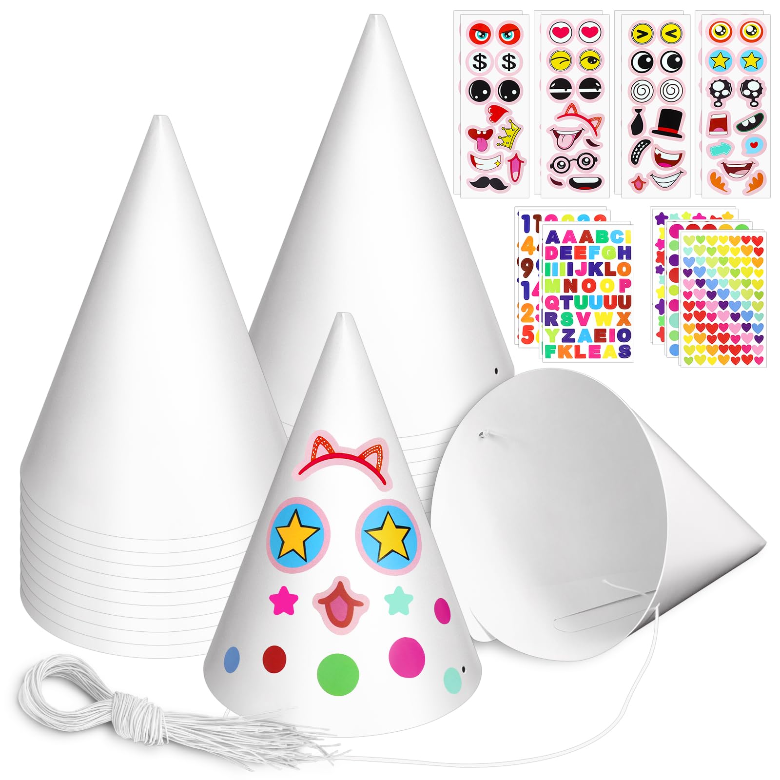 WEOXPR 24 Pack White Party Hats with Stickers,Birthday Party Favors for Kids,Mini Cone Hats for Arts DIY Crafts,Newborn Photo Props, Halloween,