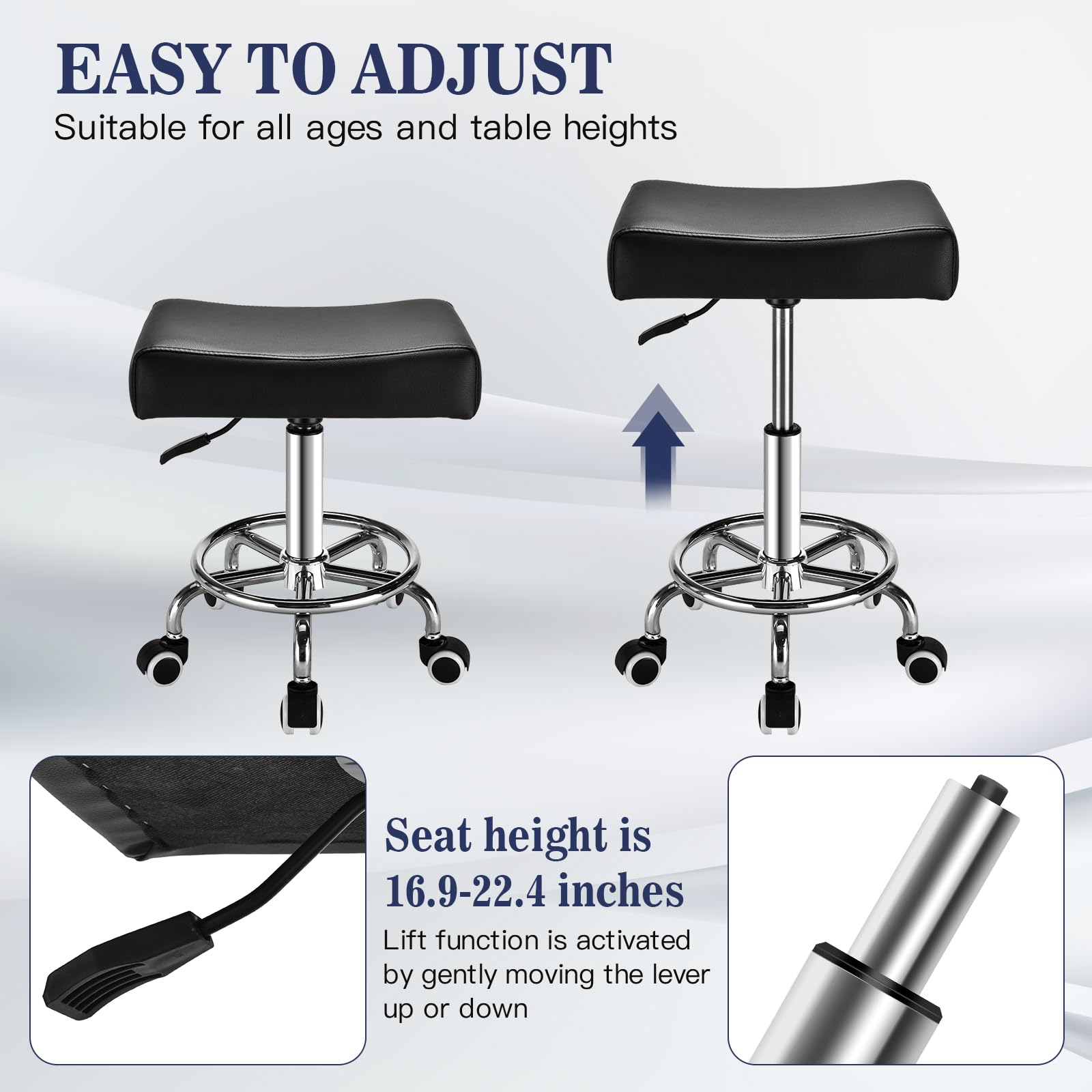 Premium Black Rolling Stool with Wheels, Adjustable Height and Swivel Seat