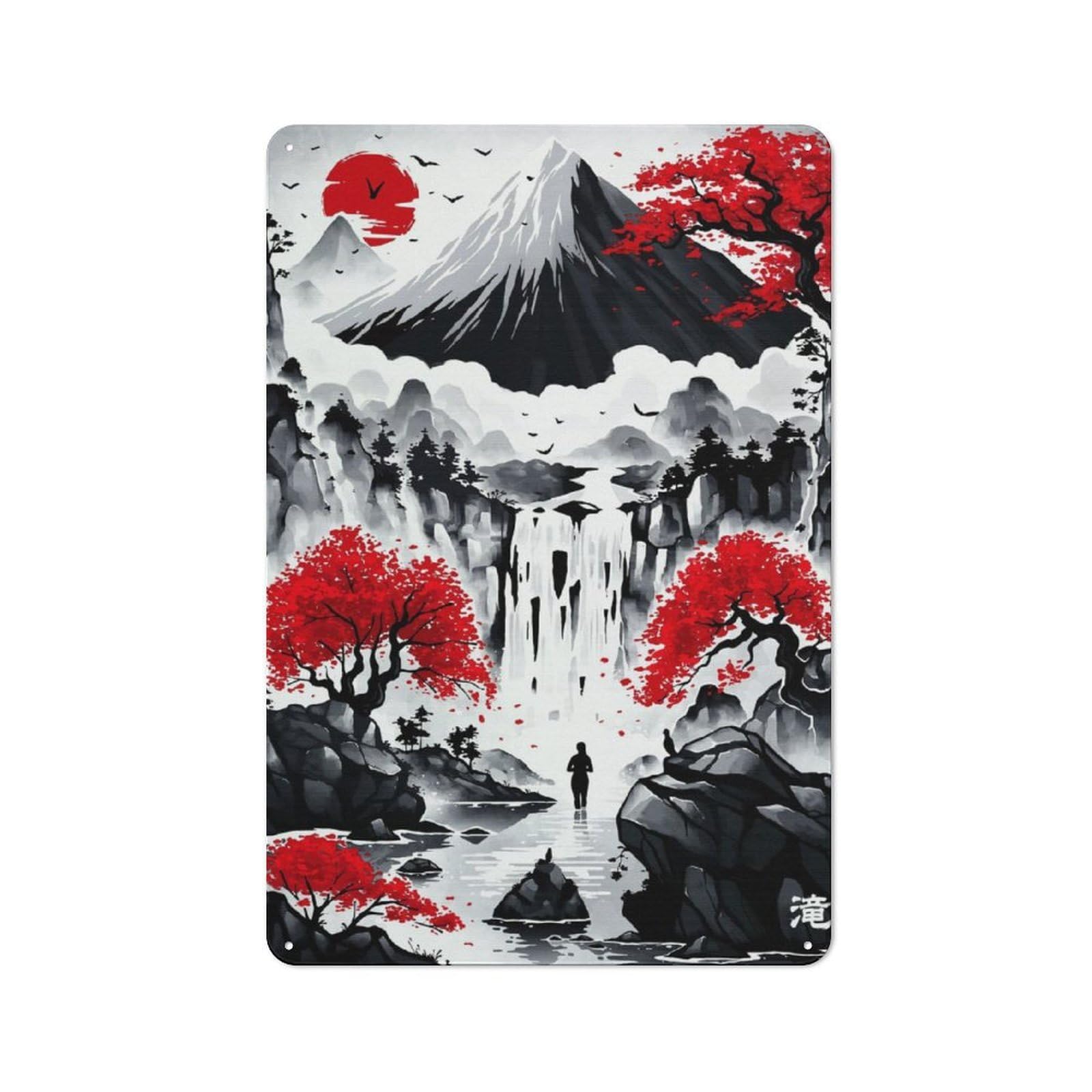 Junmoney Japanese Waterfall Ink Metal Plaque With Design 30X20cm, Vintage Bistro Wall Plaque For Coffee Bar, Kitchen, Bistro Or Tea Corner