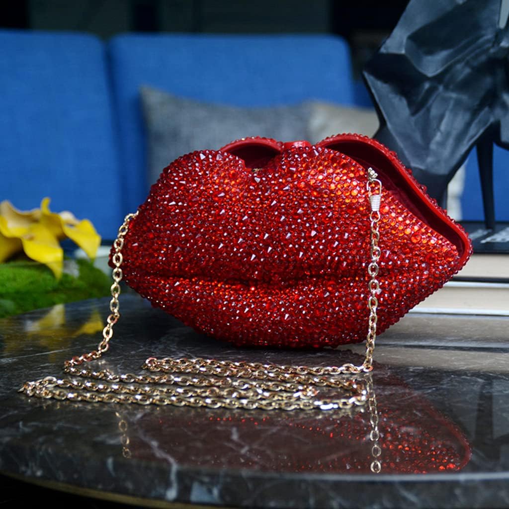 Women Leather Lips-shaped Evening Clutch Purses Crossbody Bags Banquet Handbag Rubber Drill, As Pic Shows