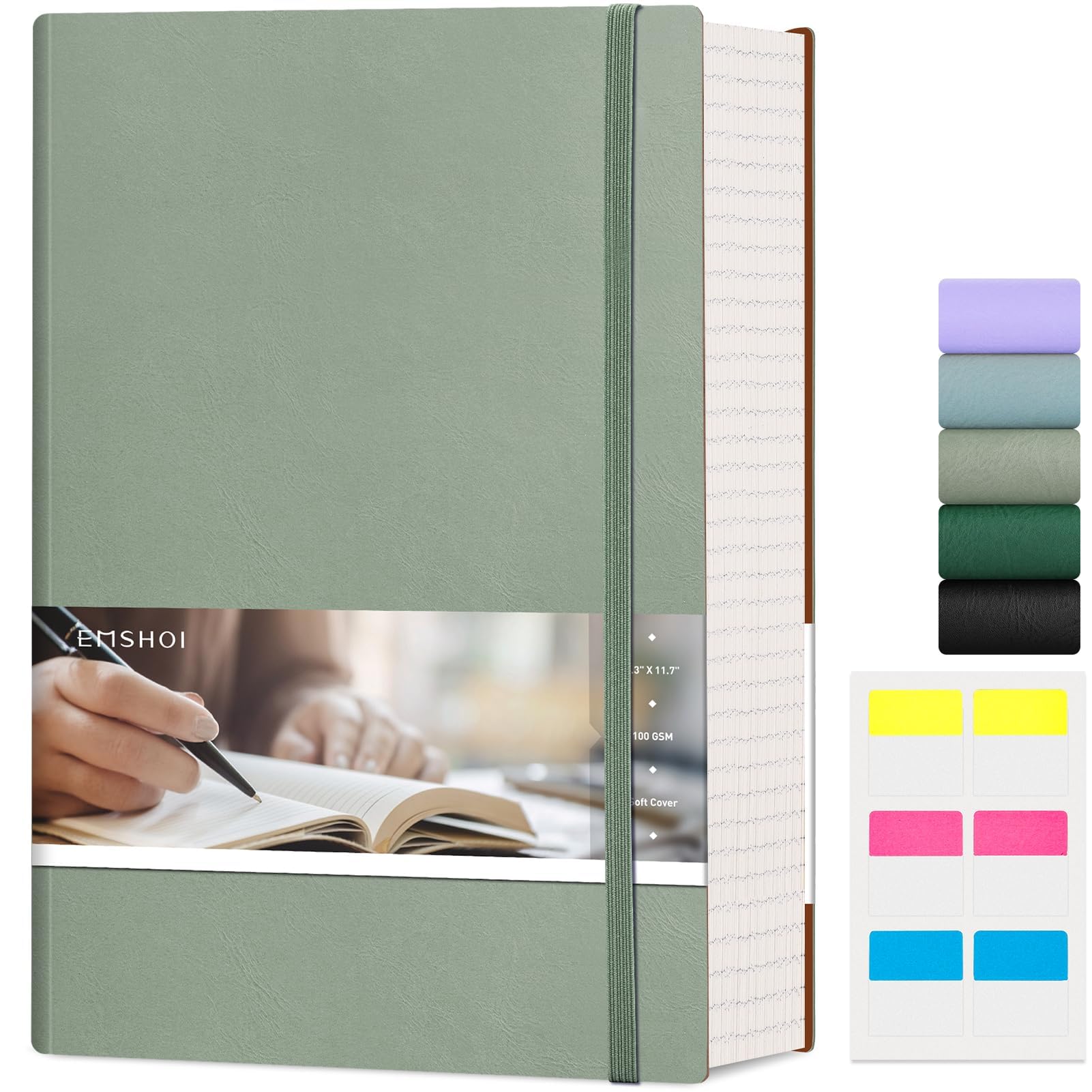 EMSHOI A4 Notebook - 400 Pages 100gsm Lined Journal Thick Notepad, Extra Large Softcover Vegan Leather Bible Notepad for Women Men Work School Office Writing, 21.5 x 27.9cm, Green