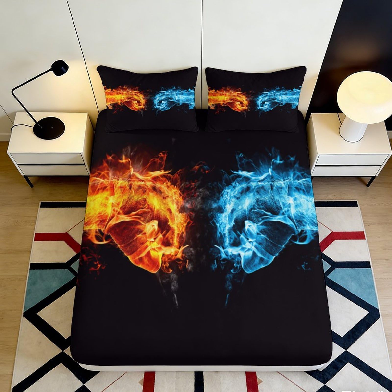 3D Printed Flame Water Fitted Sheet Microfiber Non-Slip Deep Pocket Bedroom Bedding Fire Water Mattress Fitted Cover 200x200x25cm 90x200x25cm
