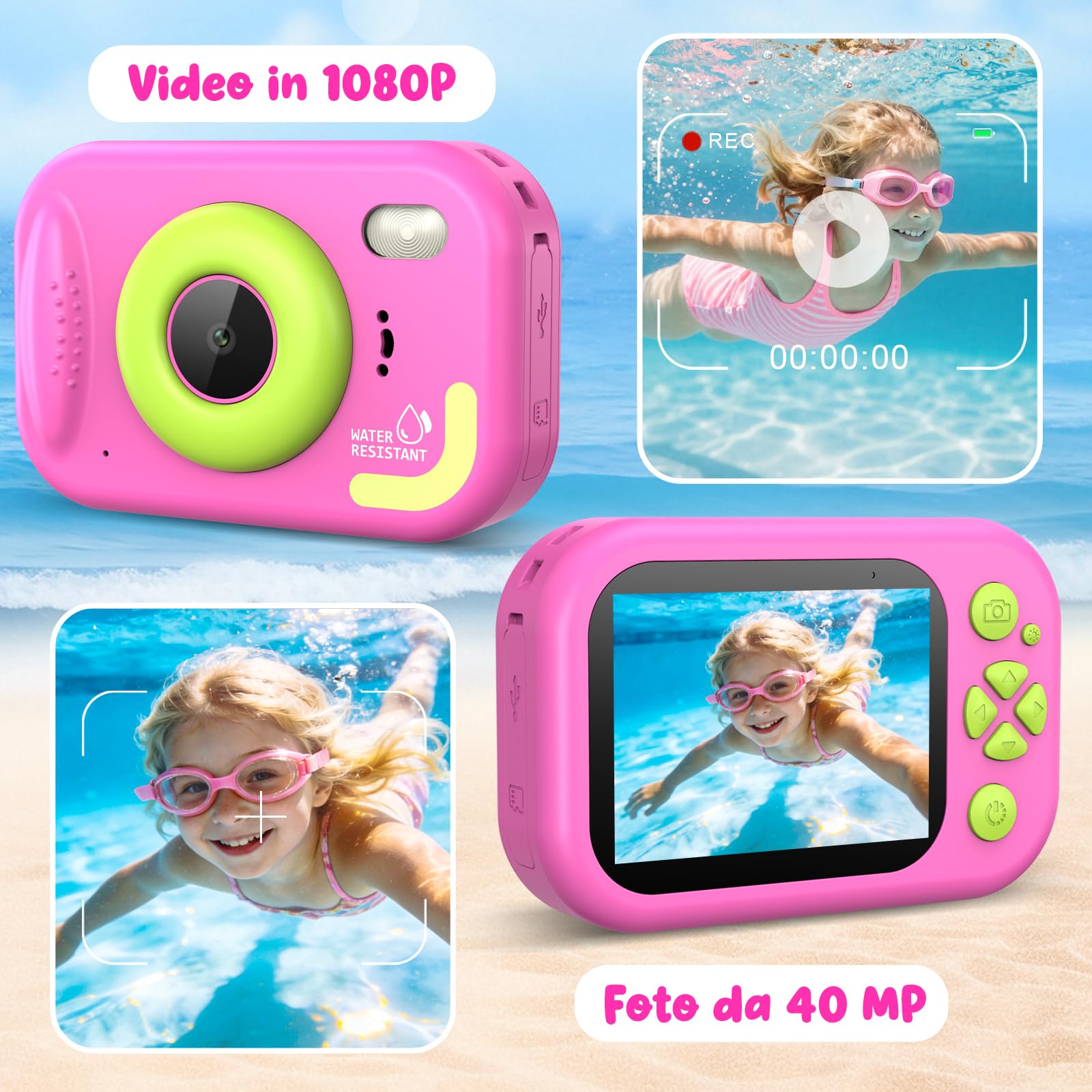Macchina Fotografica Bambini, 1080P Macchina Fotografica Subacquea Bambini con 2,4" Schermo, 32GB Scheda, 10M/32.8FT Fotocamera Impermeabile Digitale Regalo per Bambini da 3-12 Anni - 5
