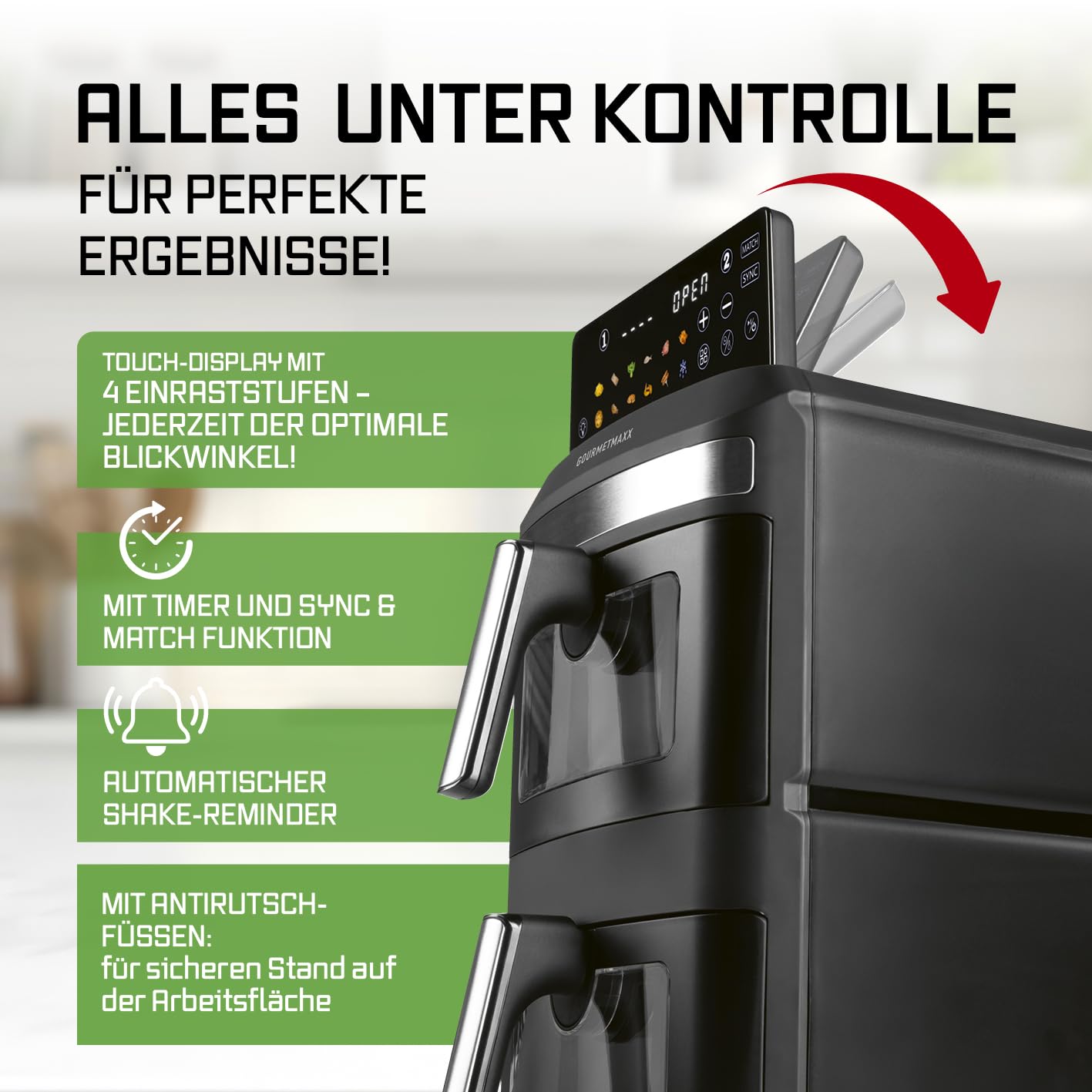 GOURMETmaxx FryUp XL vertikale Doppelkammer Heißluftfritteuse mit Sichtfenster - 12 L | Airfryer mit 9,6 Zoll Multi-Colour LED-Touchdisplay & 12 Programmen | Heißluftfritteuse 2 Kammern mit Oberhitze