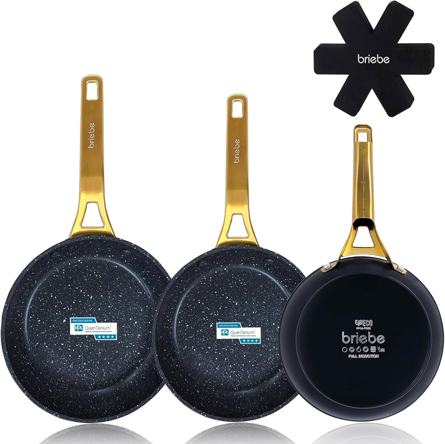 briebe Gold Titanium Set de 3 Poêles Induction, Antiadhésives Titane 18-20-24cm, Aluminium Forgé, Revêtement sans PFOA, Manche Professionnel Acier Inox, Vitrocéramique, Gaz, 3 Protecteurs