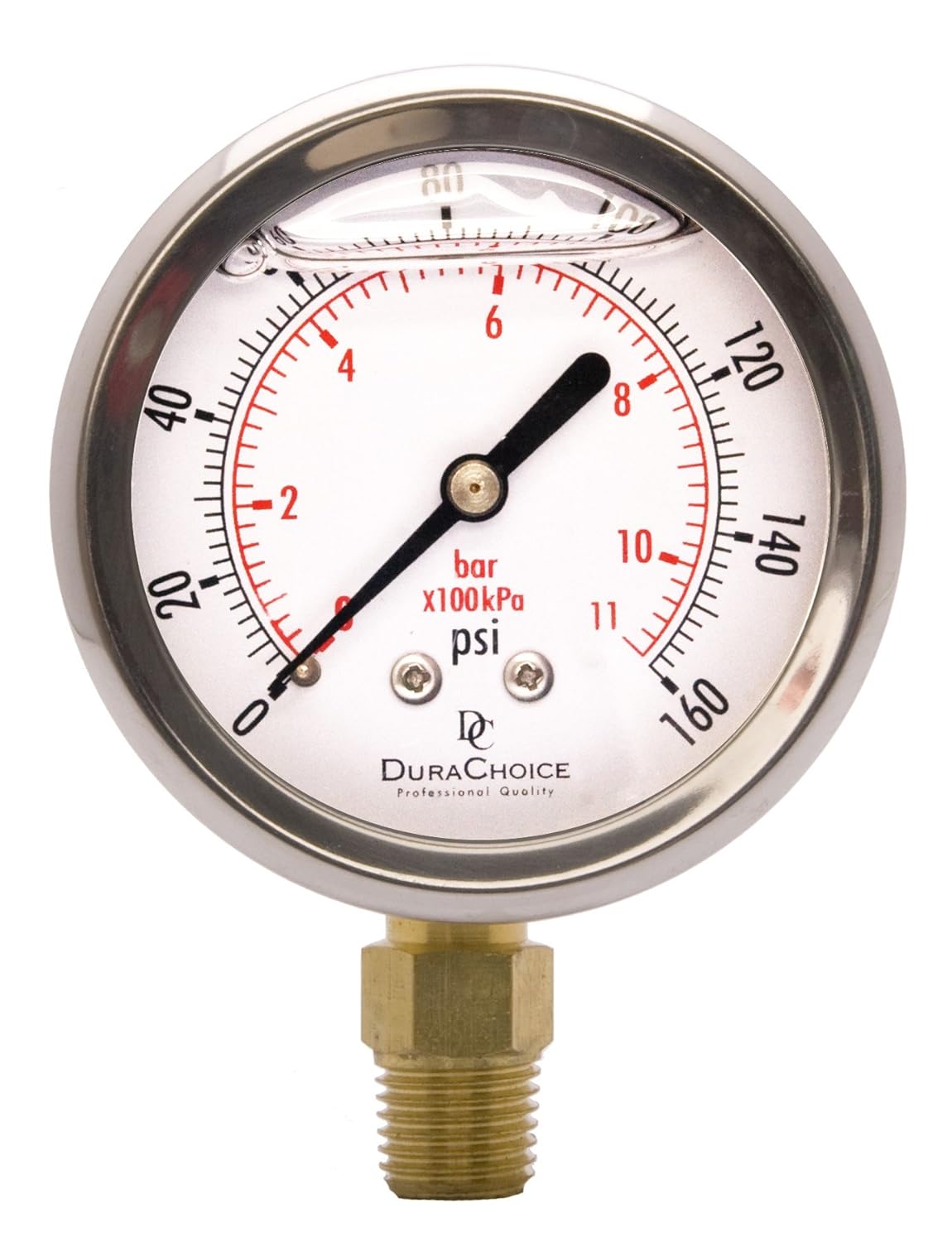 2-1/2" Oil Filled Pressure Gauge - Stainless Steel Case, Brass, 1/4" NPT, Lower Mount Connection, 0-160PSI