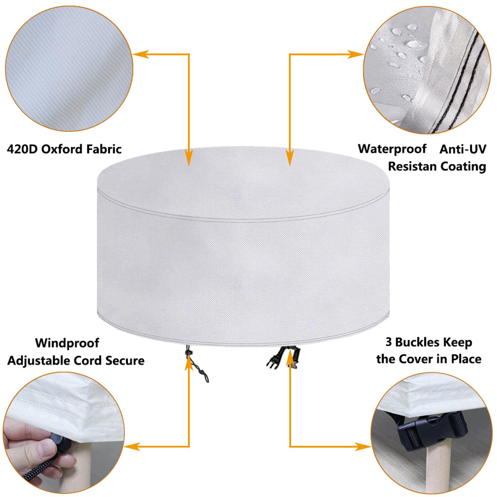 Copertura per Tavolo Esterno Rotondo 110x110cm(ØxH)Copertura per Mobili da Giardino Impermeabile,Antivento,Anti-UV,Resistente Allo Strappo,420D Oxford Tessuto Protettivo per Tavolo e Sedie-Argento