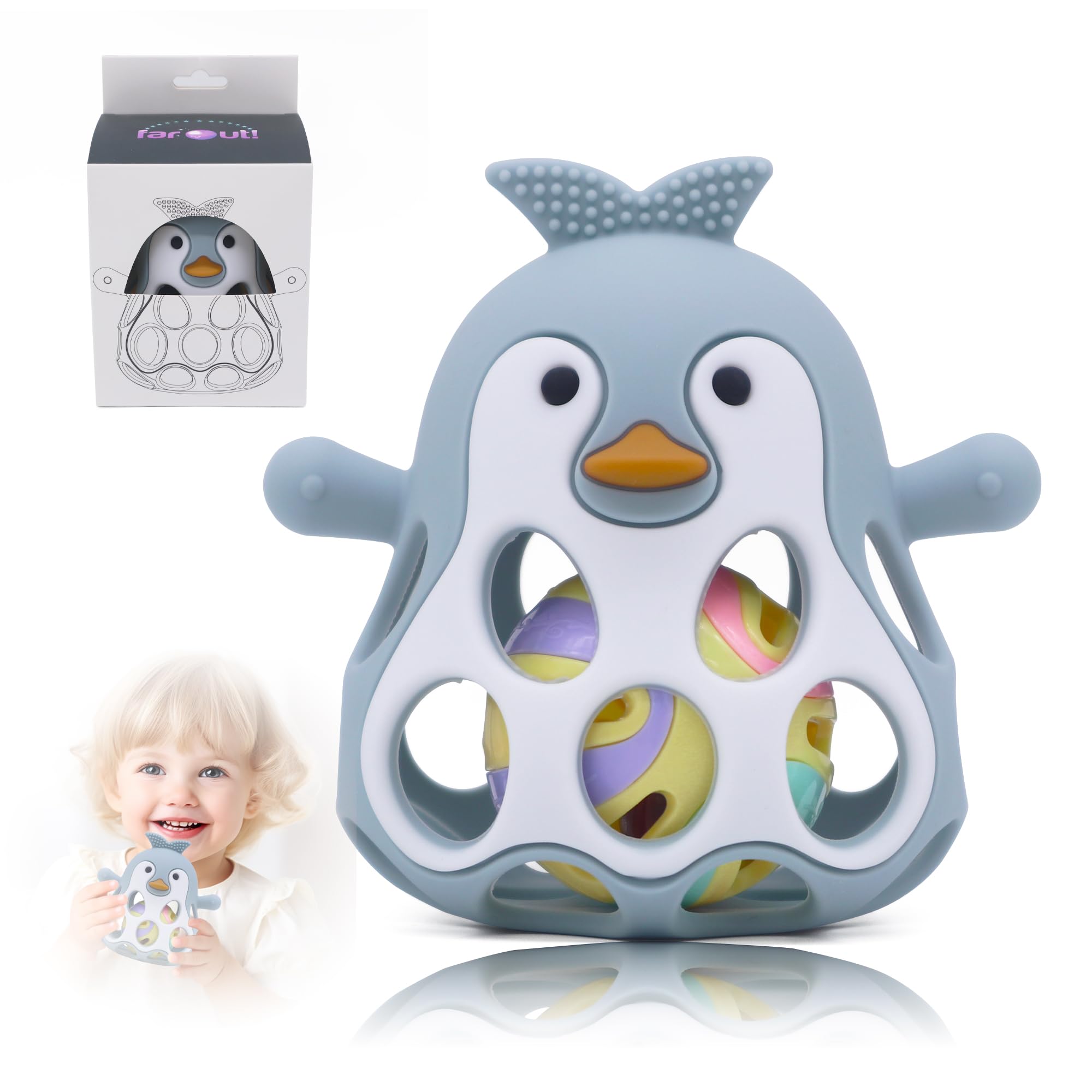 Farout Pinguin Rassel - Beißring Baby & Montessori Spielzeug - Motorikspielzeug Babyrassel für Babyspielzeug ab 3 Monate, Geschenk für Jungen & Mädchen. (Dusty Blue)
