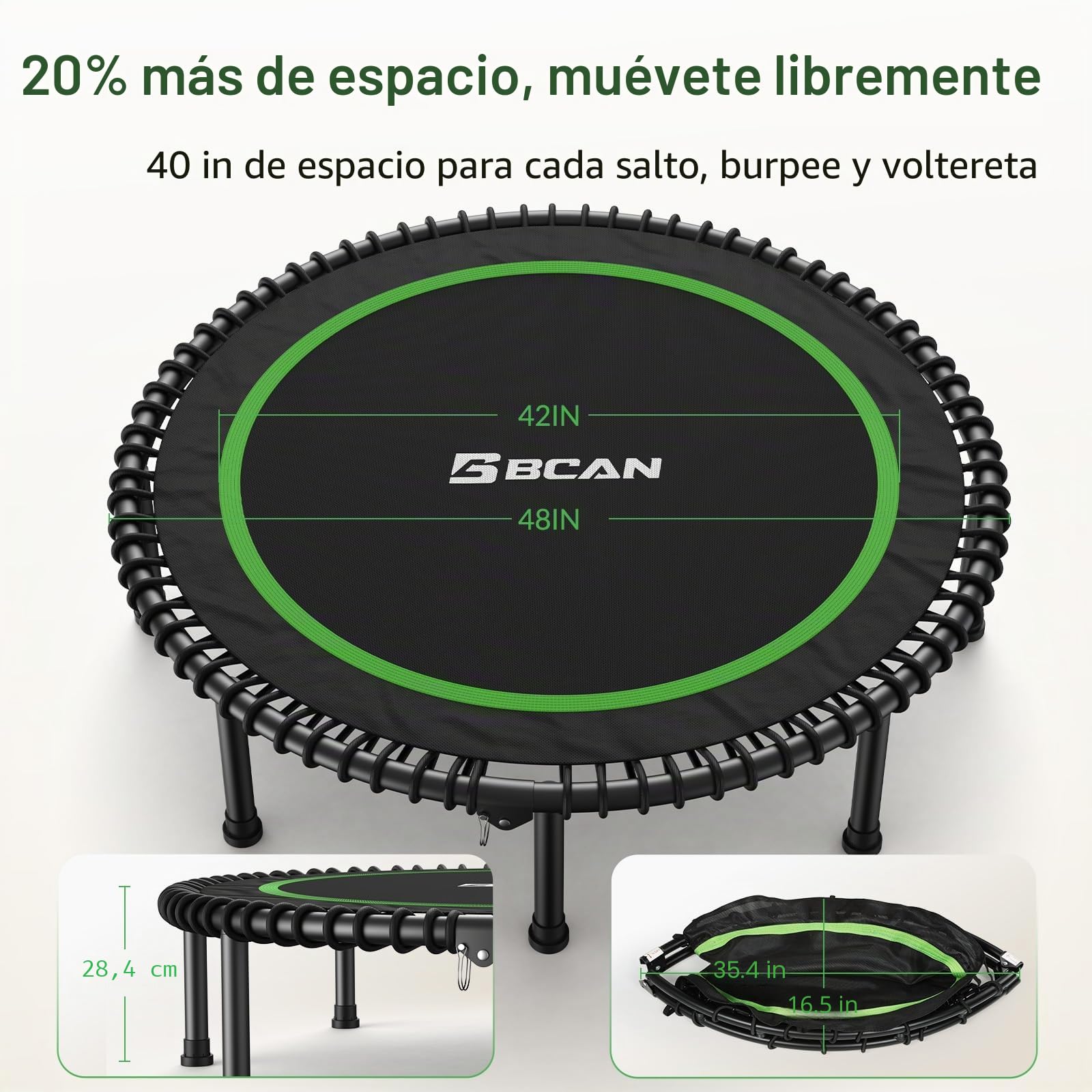 Cama elástica de Interior BCAN Fitness, Ø 102/122/130 cm de diámetro, Mini Cama elástica/de muelles, Apta para Adultos de hasta 204/250 kg, con Asas Ajustables, silenciosa y de Baja vibración.