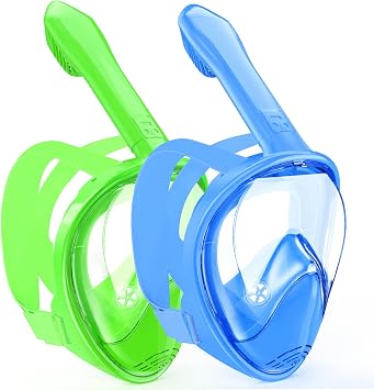 Kids Snorkel Mask Full Face, Snorkeling Gear for Kids 2-14 with Camera Mount, 180 Degree Panoramic View Snorkeling Set Anti-Fog Anti-Leak Blue+Green