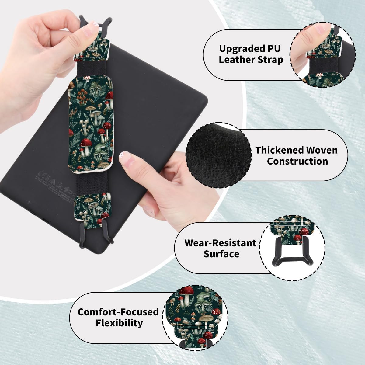 Secure Hand Strap for 6-7.5" Kindle and Tablets, Versatile Lightweight Faux Leather E-Book Grip Holder, Heavy-Duty E-Book Accessories for Reading Lover Gift (Mushroom)