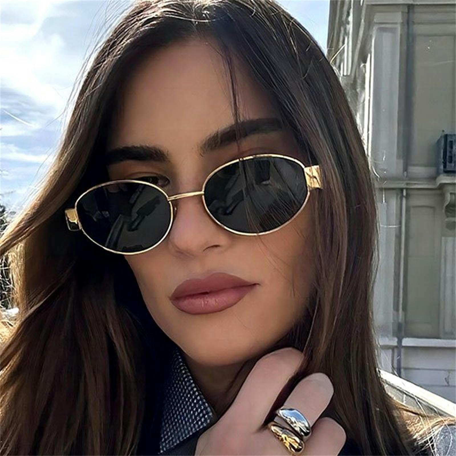 Occhiali da Sole da Donna Occhiali da Sole per Donne in Estate Europeo E Americano Telaio Ovale Occhiali da Sole in Metallo per Uomini-pieni Grigi con Cornice Nera